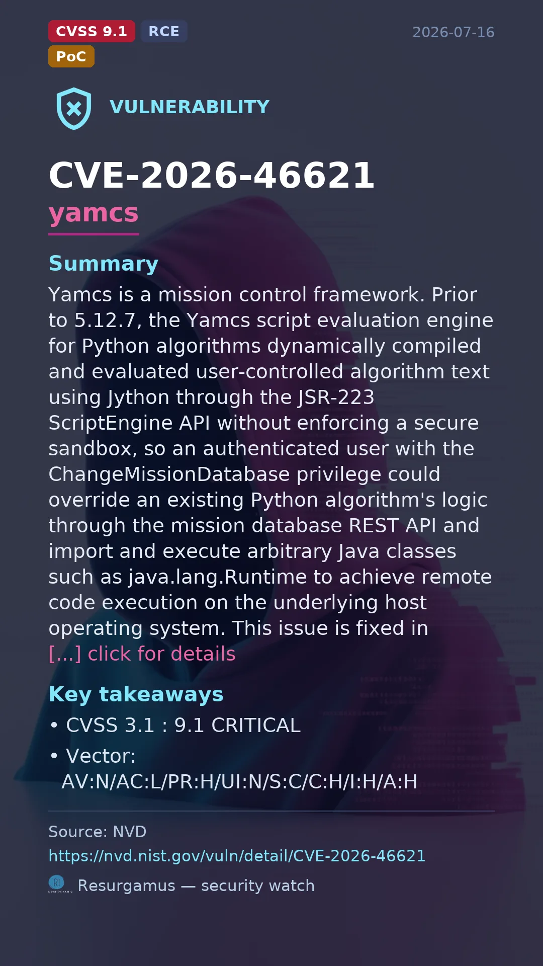CVE-2026-46621 yamcs Vulnerability