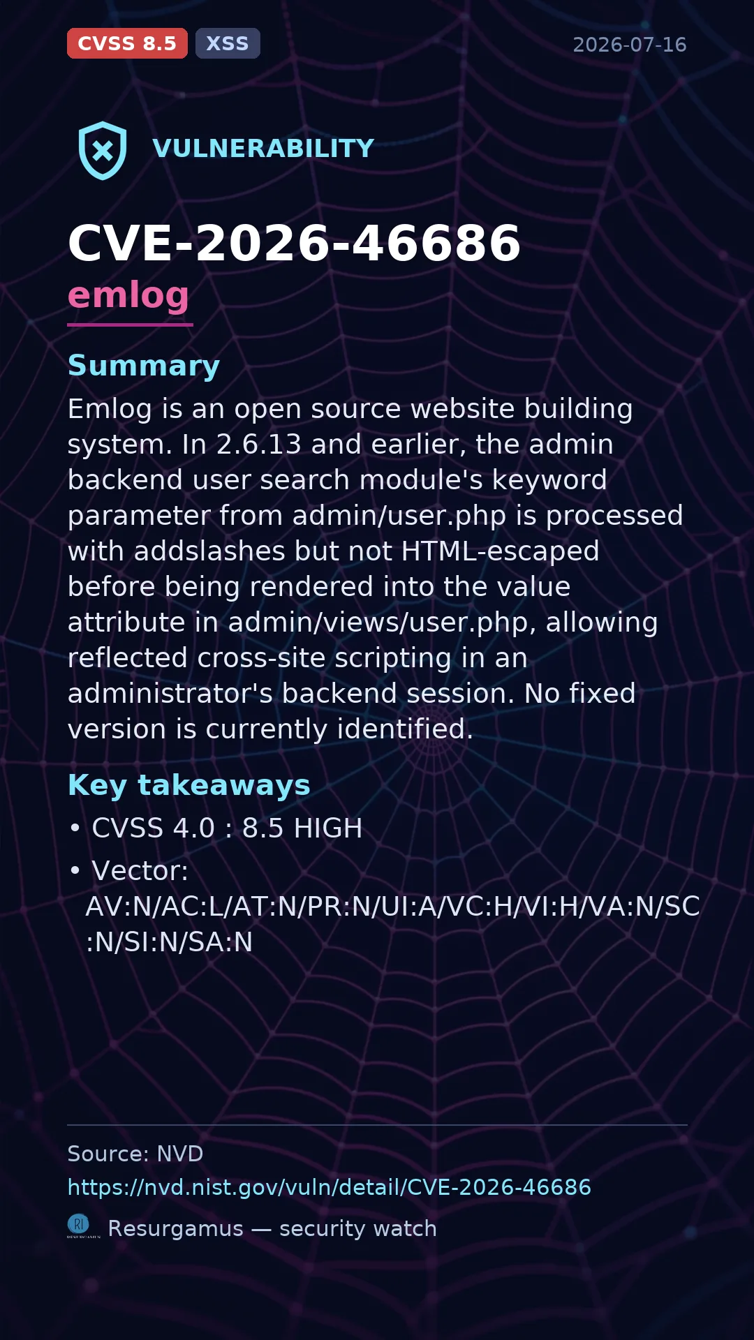 CVE-2026-46686 emlog Vulnerability