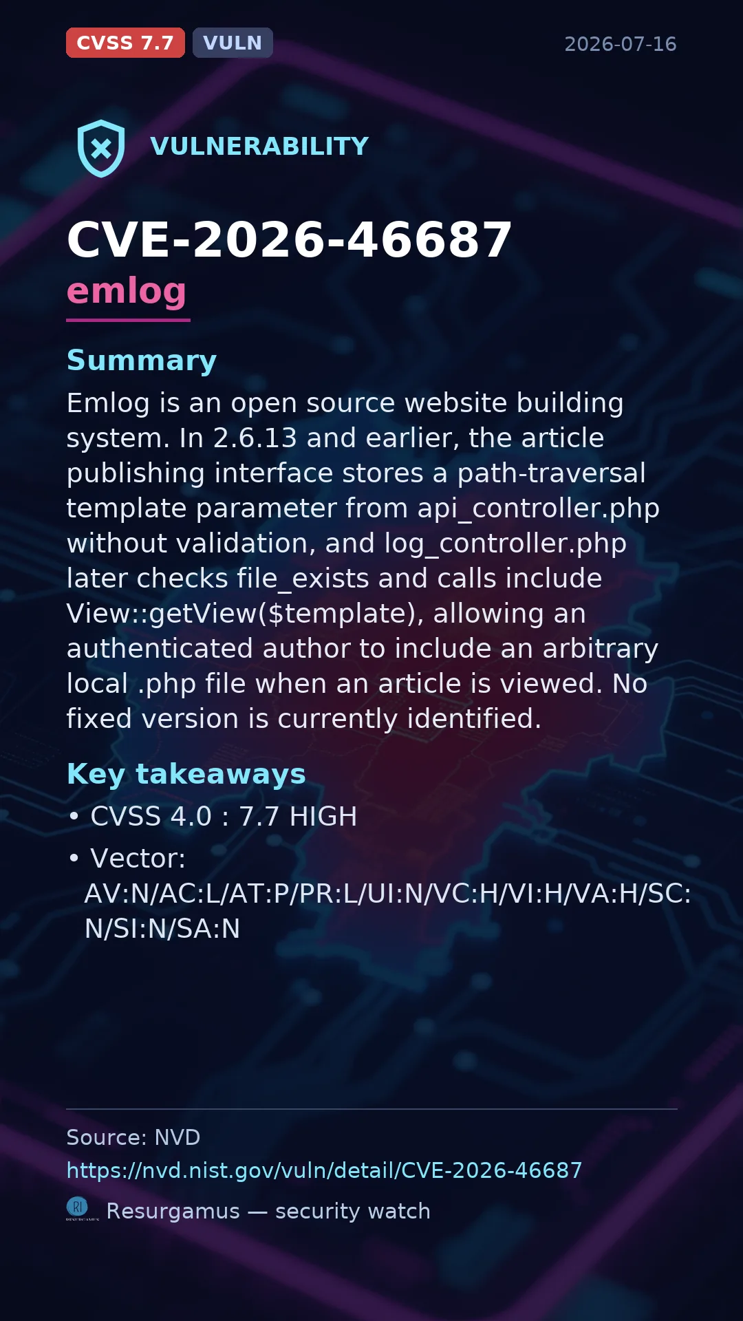 CVE-2026-46687 emlog Vulnerability
