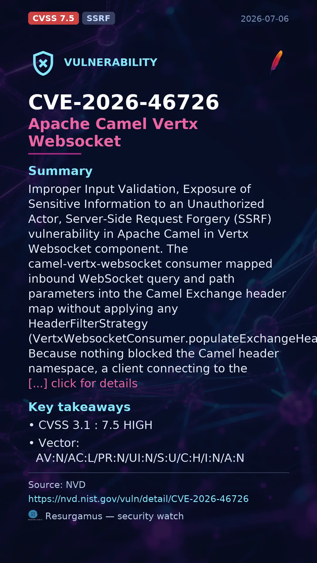 CVE-2026-46726 Apache Camel Vertx Websocket Vulnerability