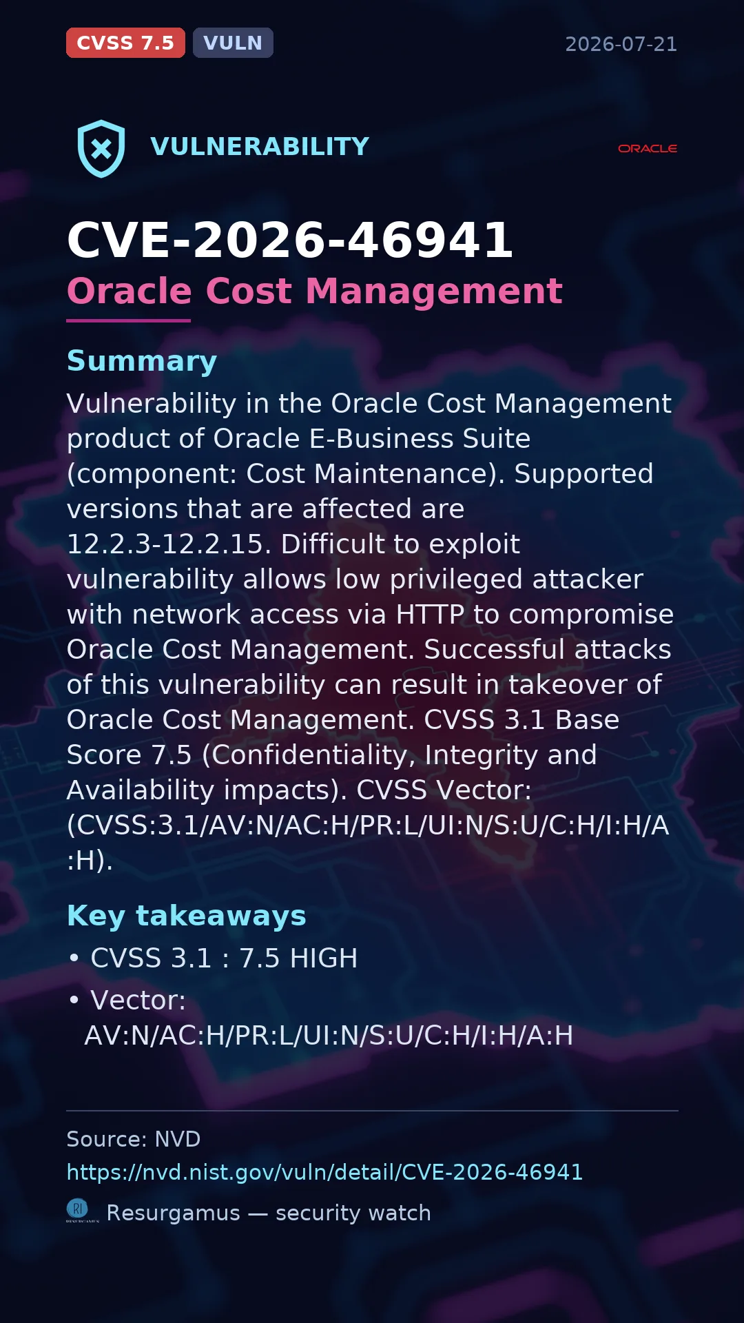CVE-2026-46941 Oracle Cost Management Vulnerability