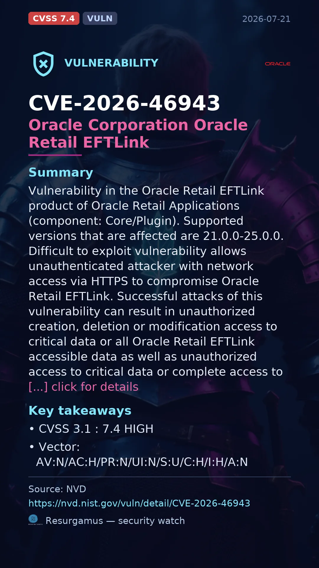 CVE-2026-46943 Oracle Corporation Oracle Retail EFTLink Vulnerability