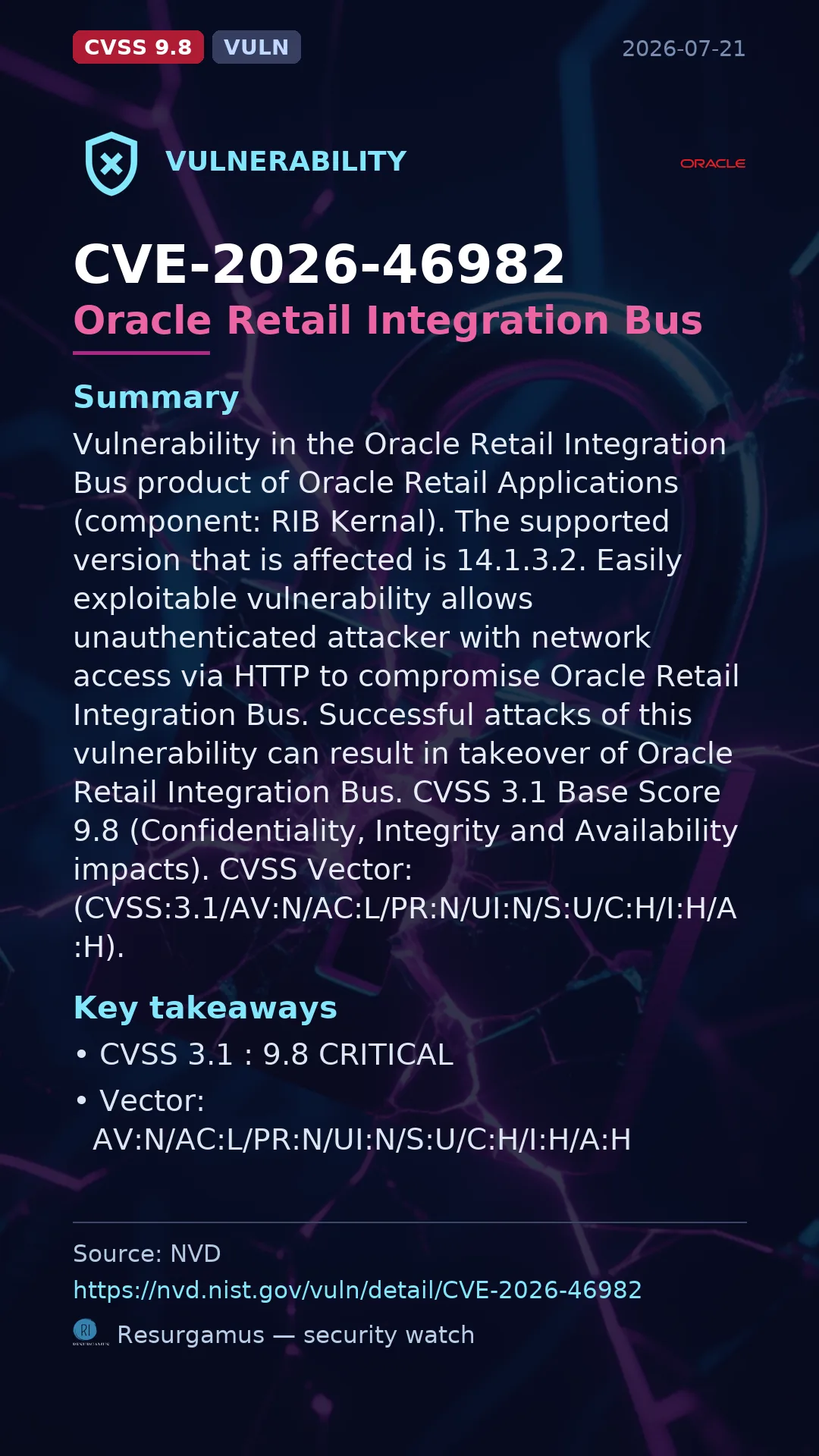 CVE-2026-46982 Oracle Retail Integration Bus Vulnerability