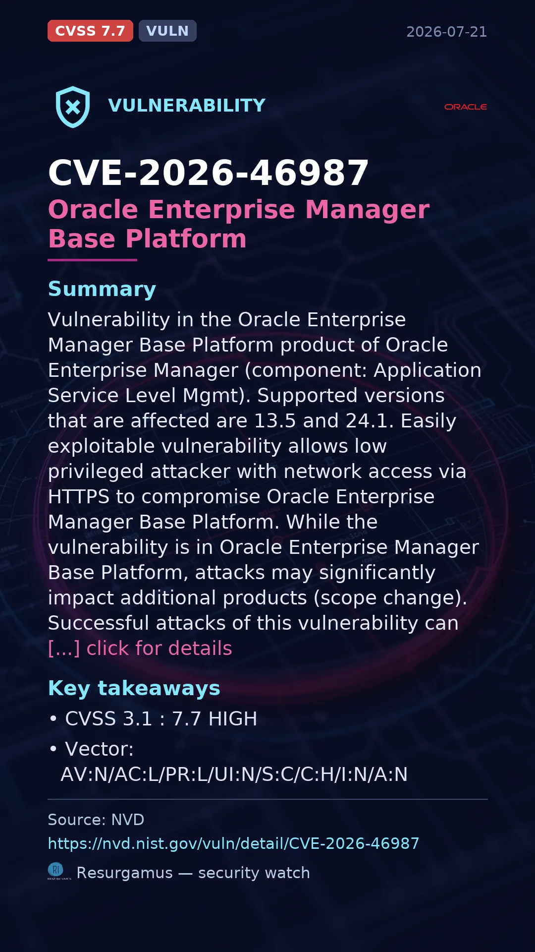 CVE-2026-46987 Oracle Enterprise Manager Base Platform Vulnerability