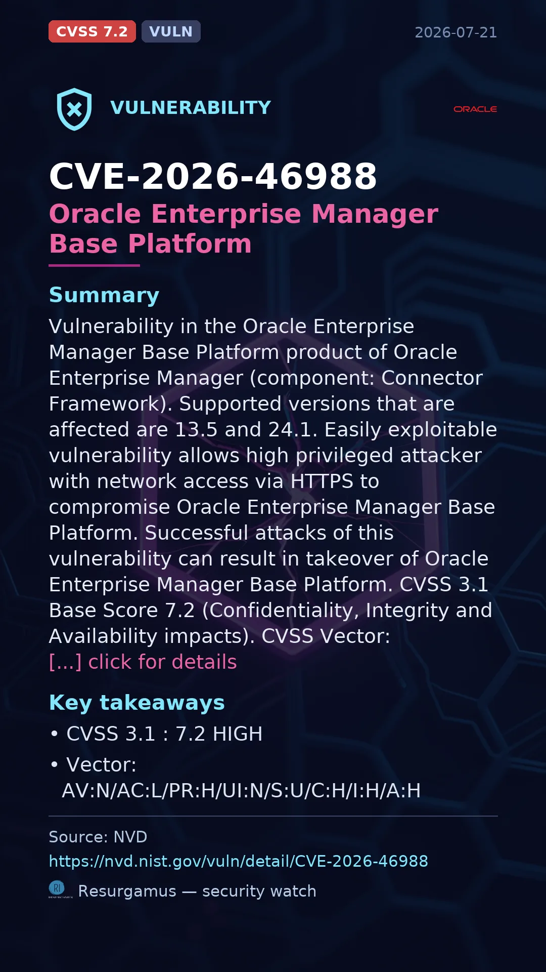 CVE-2026-46988 Oracle Enterprise Manager Base Platform Vulnerability