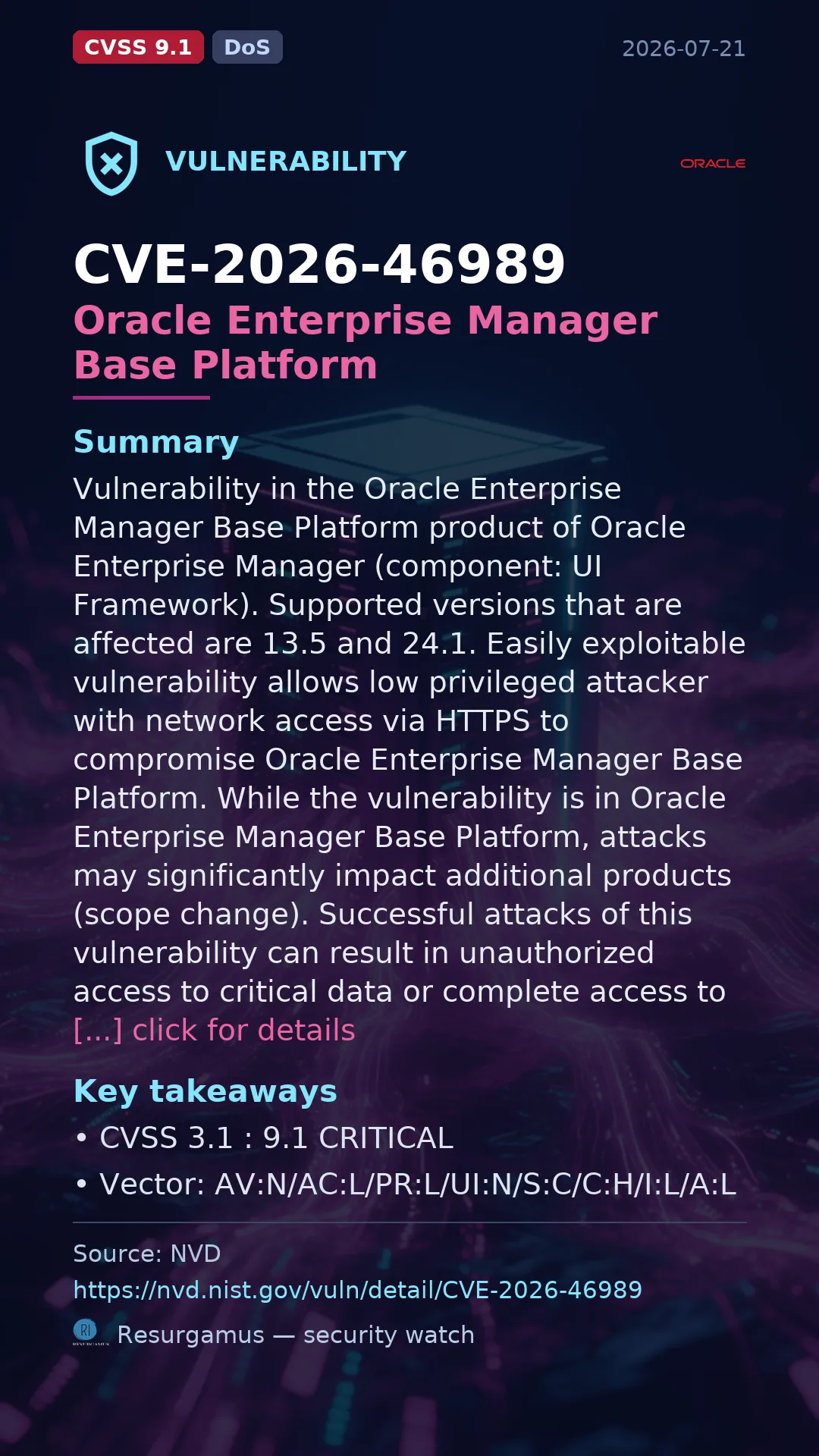 CVE-2026-46989 Oracle Enterprise Manager Base Platform Vulnerability