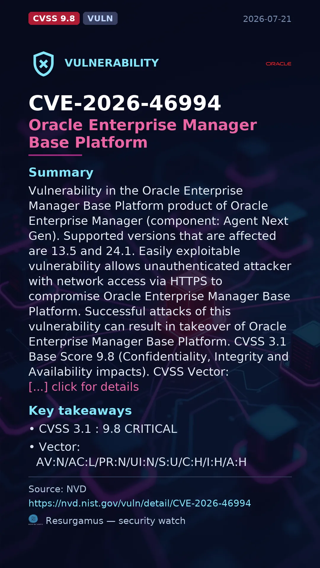CVE-2026-46994 Oracle Enterprise Manager Base Platform Vulnerability