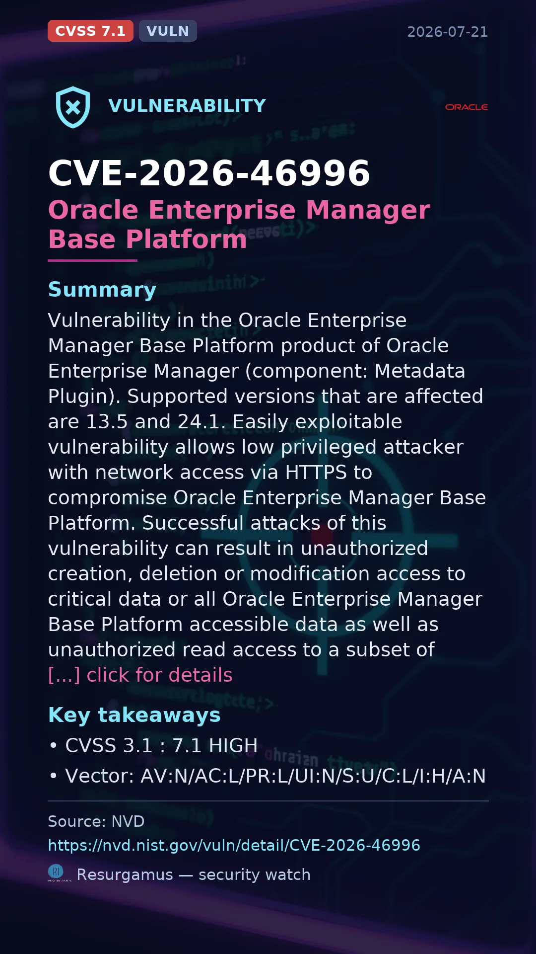 CVE-2026-46996 Oracle Enterprise Manager Base Platform Vulnerability