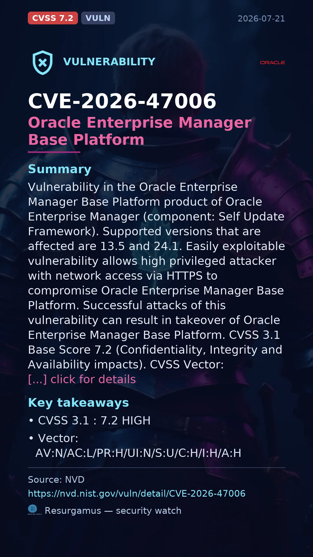 CVE-2026-47006 Oracle Enterprise Manager Base Platform Vulnerability