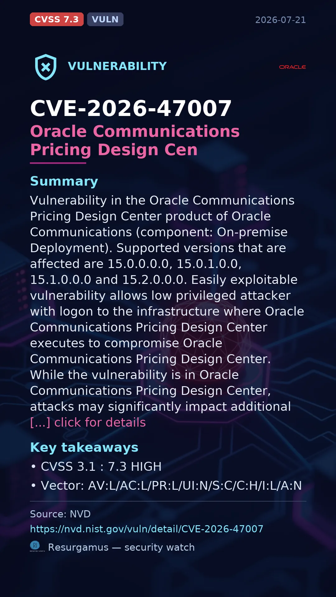 CVE-2026-47007 Oracle Communications Pricing Design Cen Vulnerability