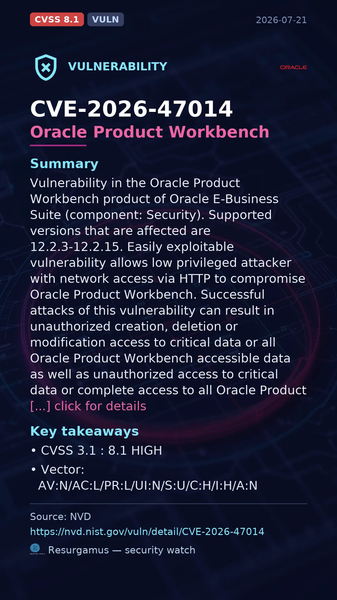 CVE-2026-47014 Oracle Product Workbench Vulnerability