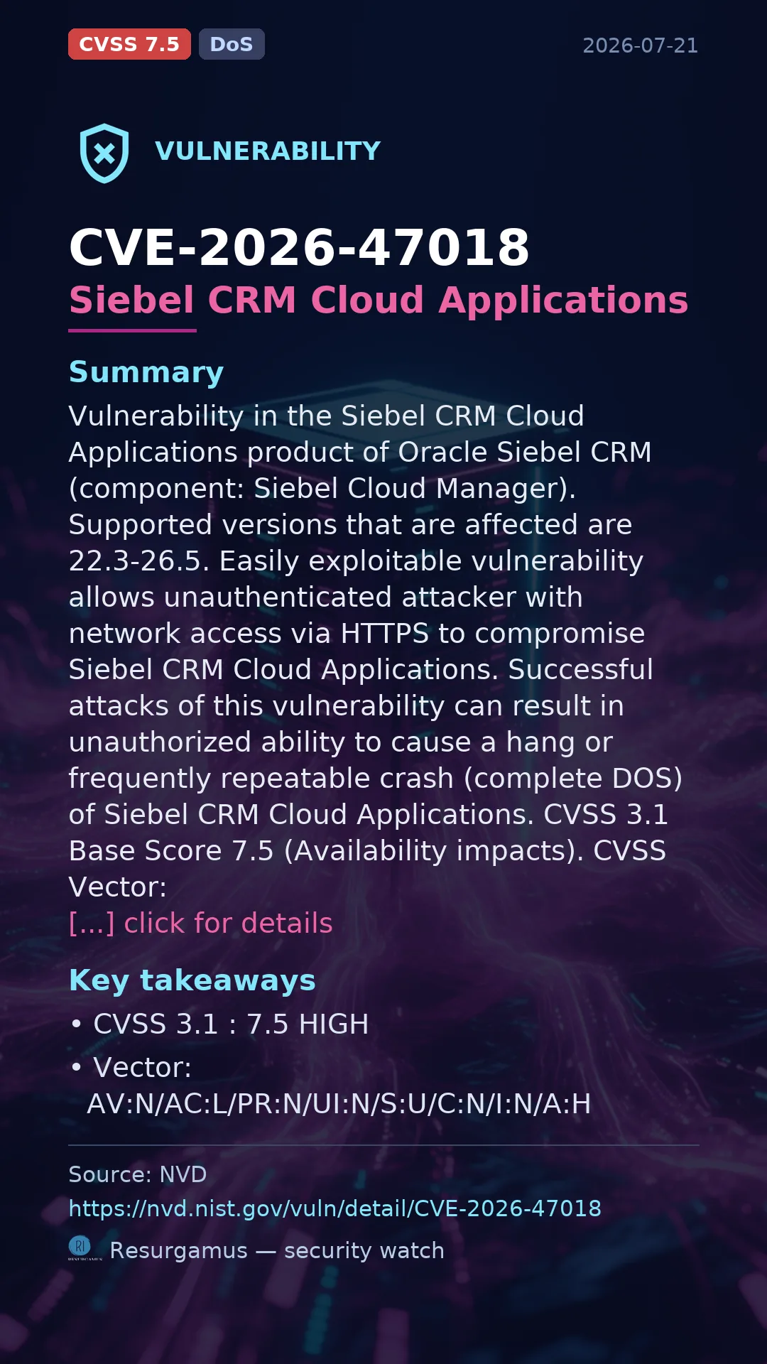 CVE-2026-47018 Siebel CRM Cloud Applications Vulnerability