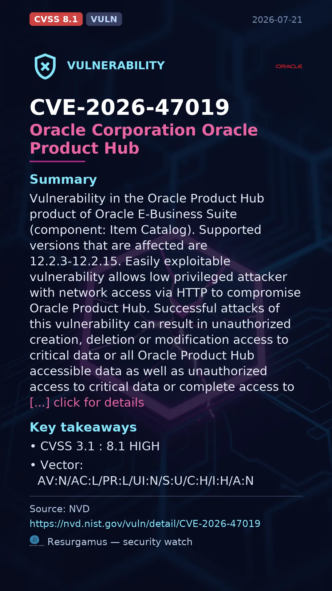 CVE-2026-47019 Oracle Corporation Oracle Product Hub Vulnerability
