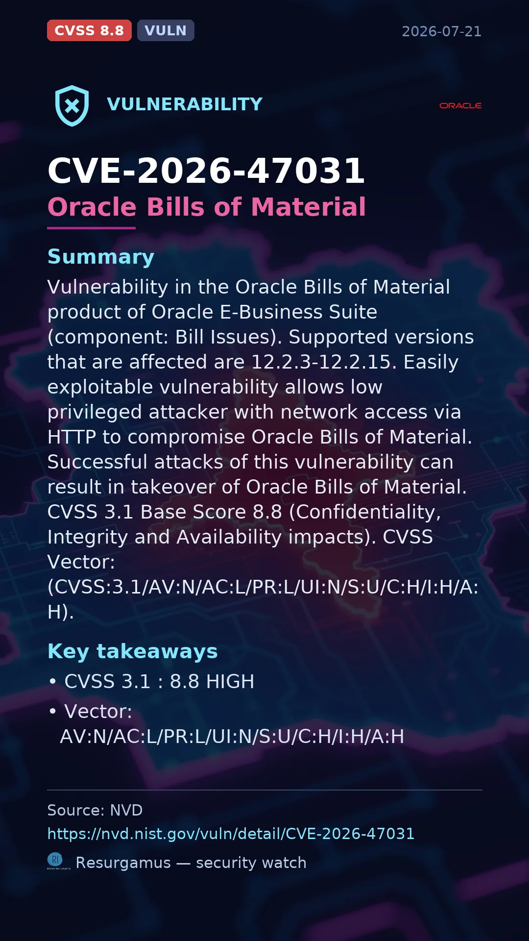 CVE-2026-47031 Oracle Bills of Material Vulnerability