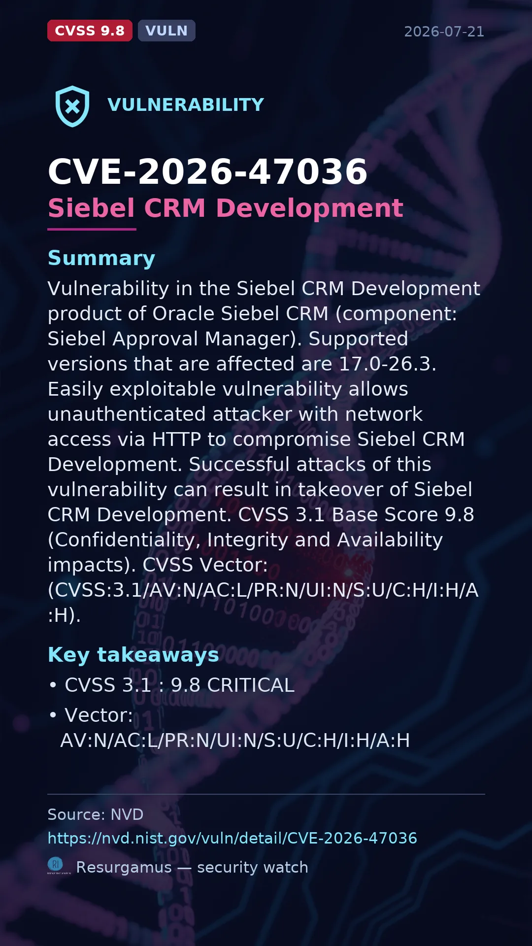 CVE-2026-47036 Siebel CRM Development Vulnerability