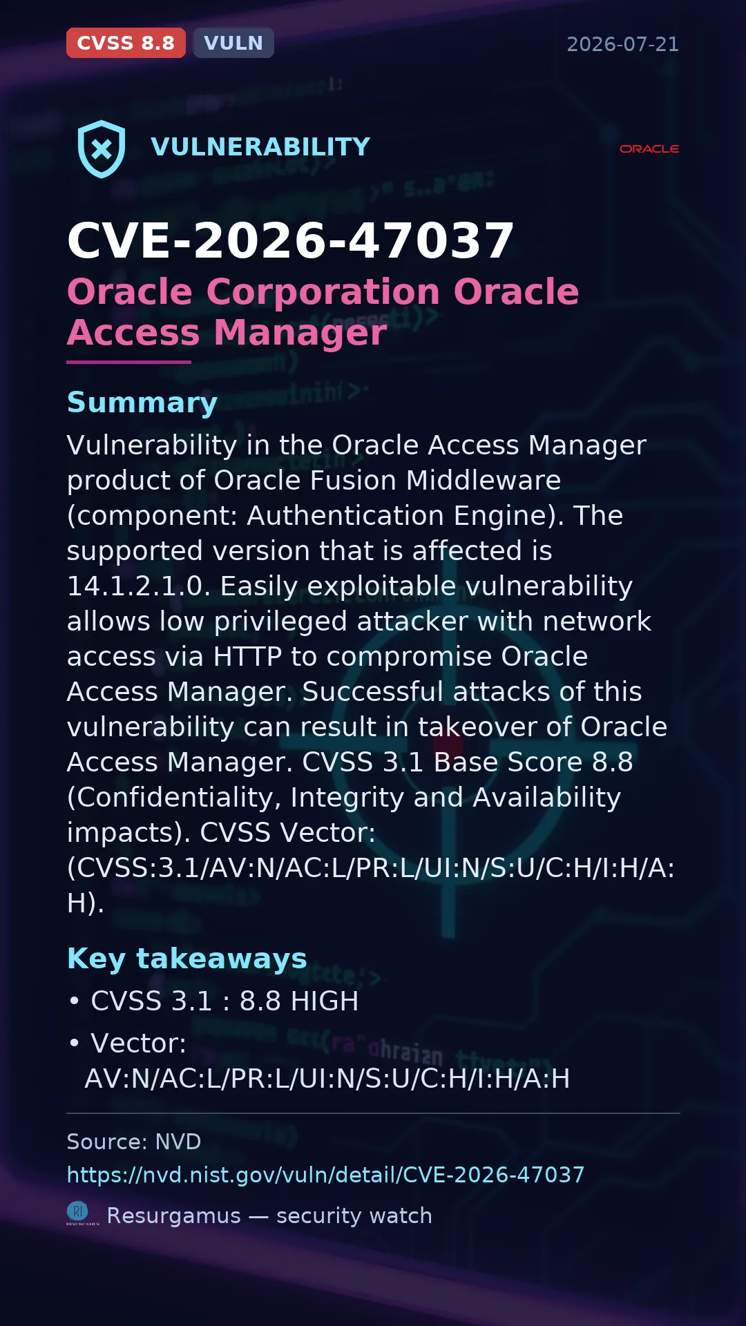 CVE-2026-47037 Oracle Corporation Oracle Access Manager Vulnerability