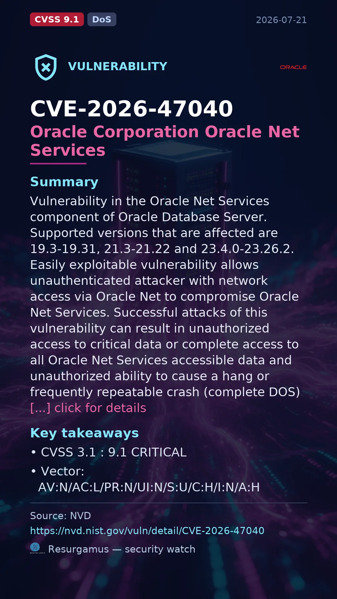 CVE-2026-47040 Oracle Corporation Oracle Net Services Vulnerability