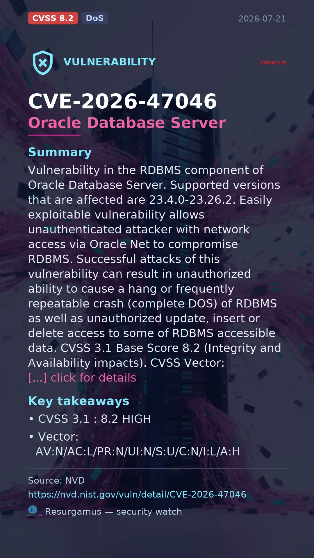 CVE-2026-47046 Oracle Database Server Vulnerability