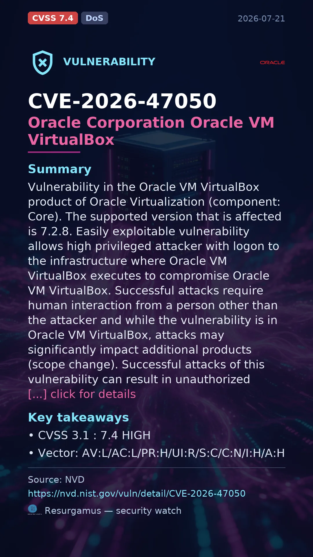 CVE-2026-47050 Oracle Corporation Oracle VM VirtualBox Vulnerability