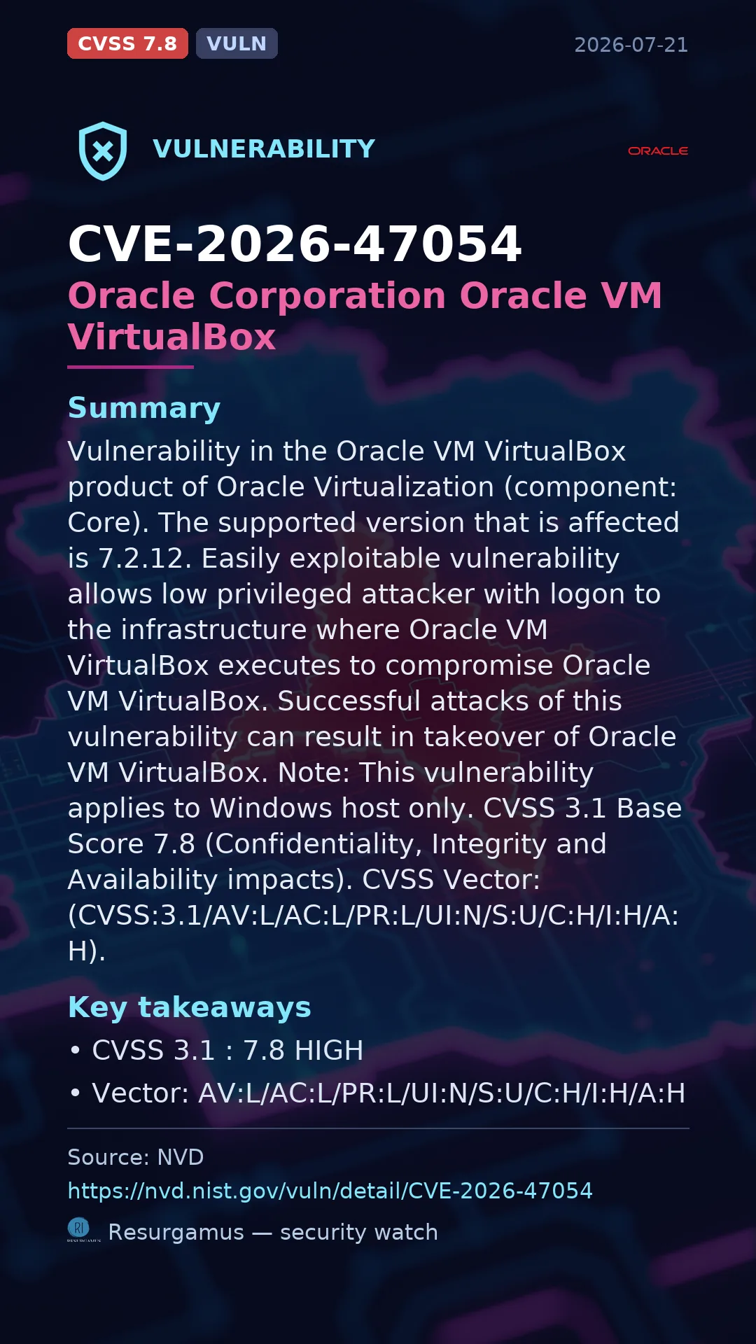 CVE-2026-47054 Oracle Corporation Oracle VM VirtualBox Vulnerability