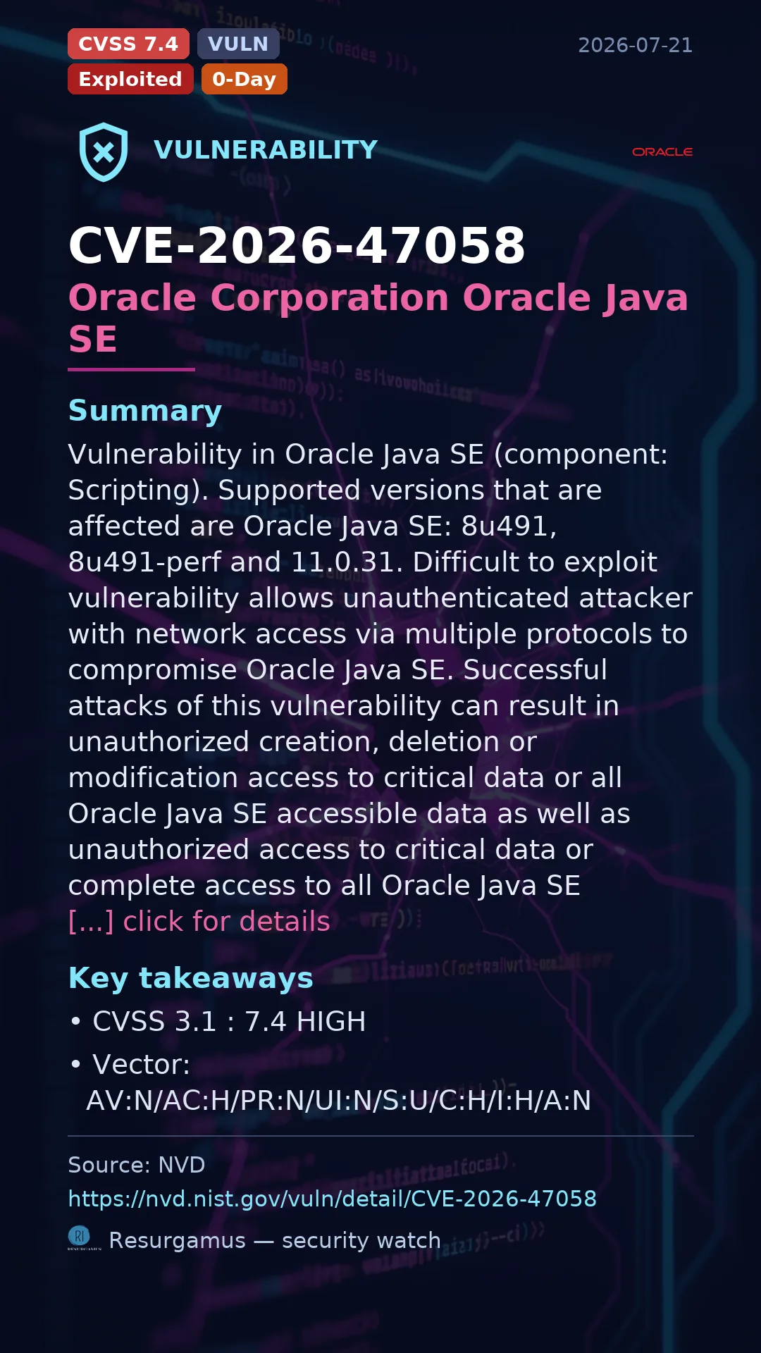 CVE-2026-47058 Oracle Corporation Oracle Java SE Vulnerability