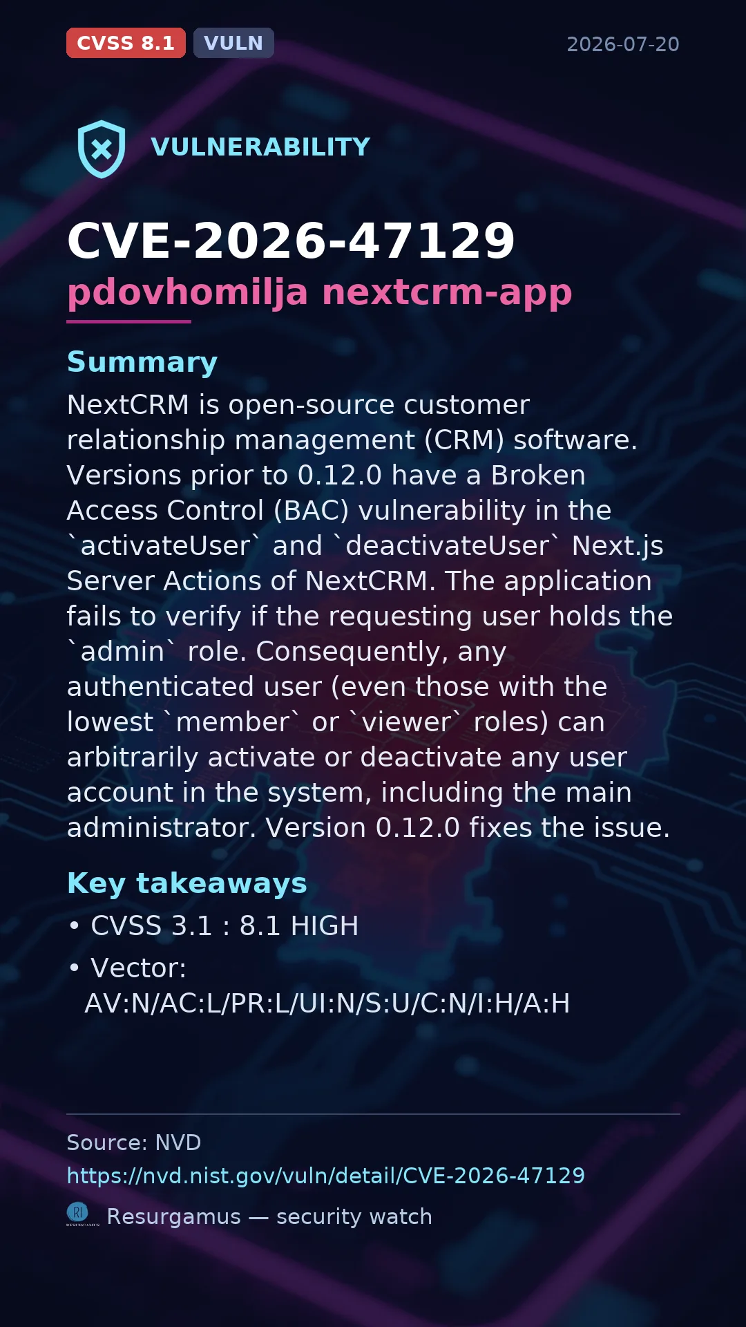 CVE-2026-47129 pdovhomilja nextcrm-app Vulnerability