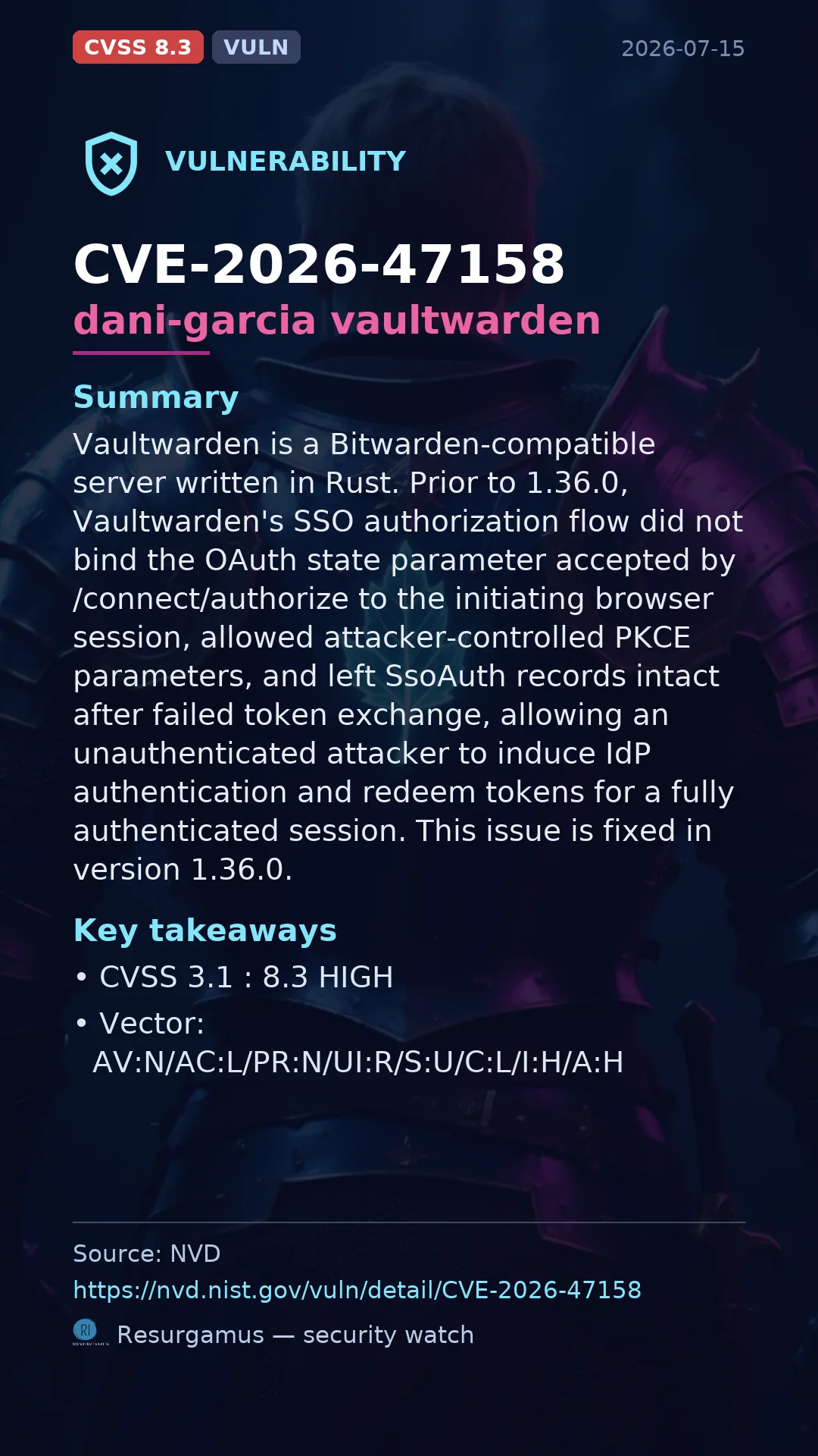 CVE-2026-47158 dani-garcia vaultwarden Vulnerability