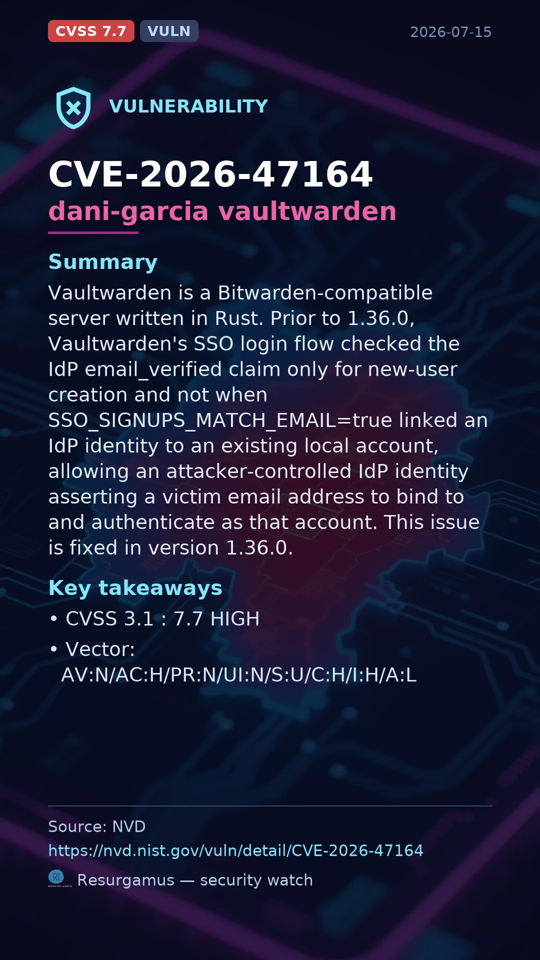 CVE-2026-47164 dani-garcia vaultwarden Vulnerability