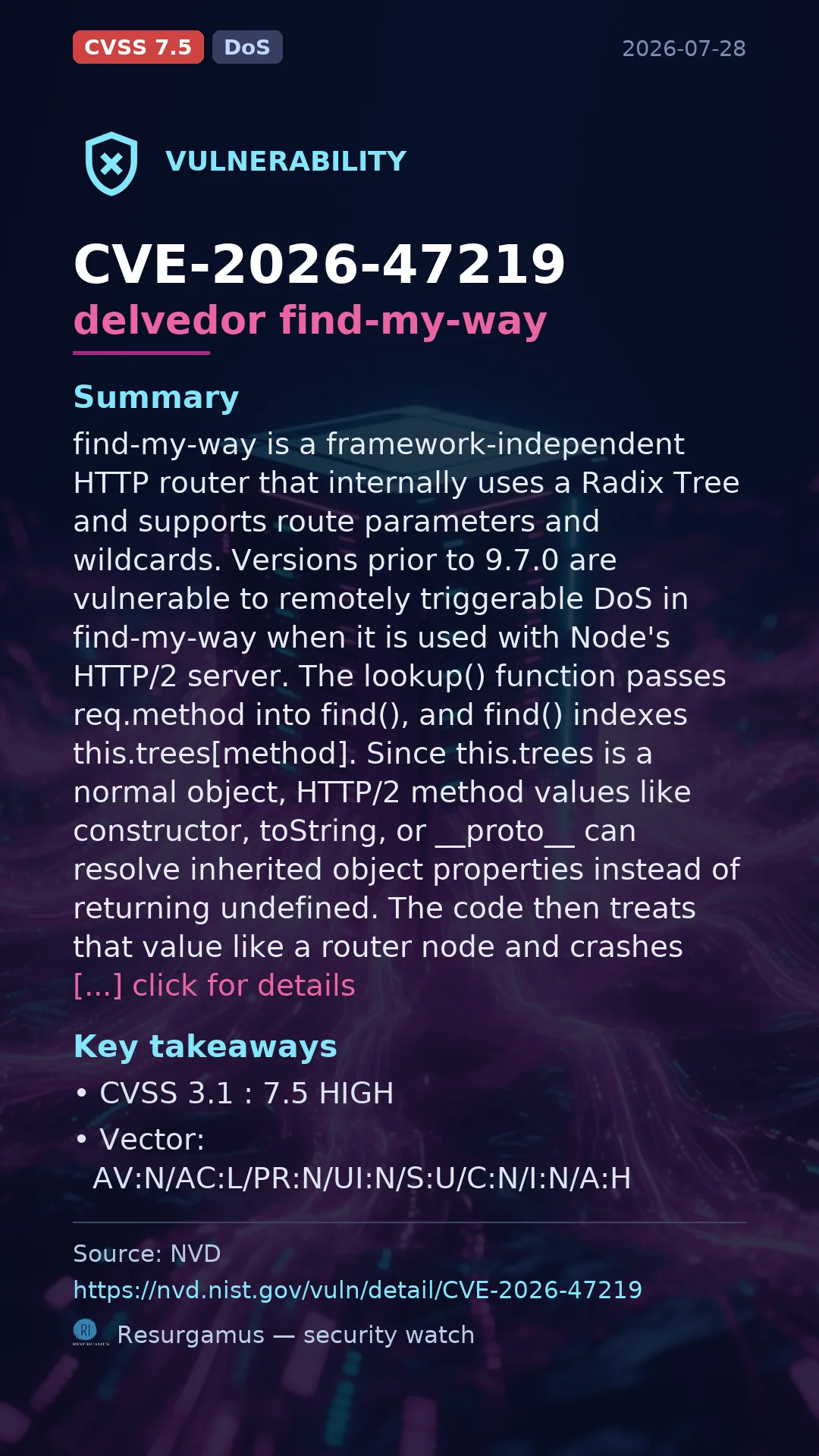 CVE-2026-47219 delvedor find-my-way Vulnerability