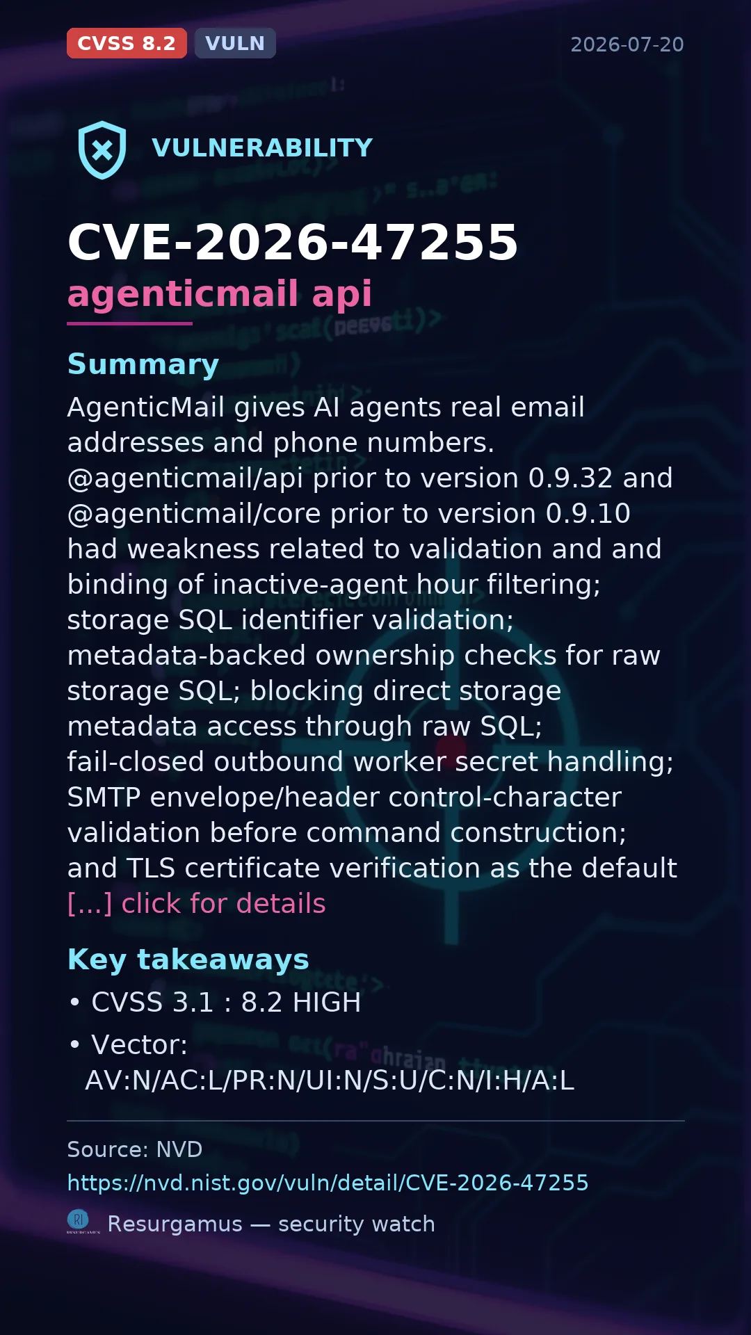 CVE-2026-47255 agenticmail api Vulnerability
