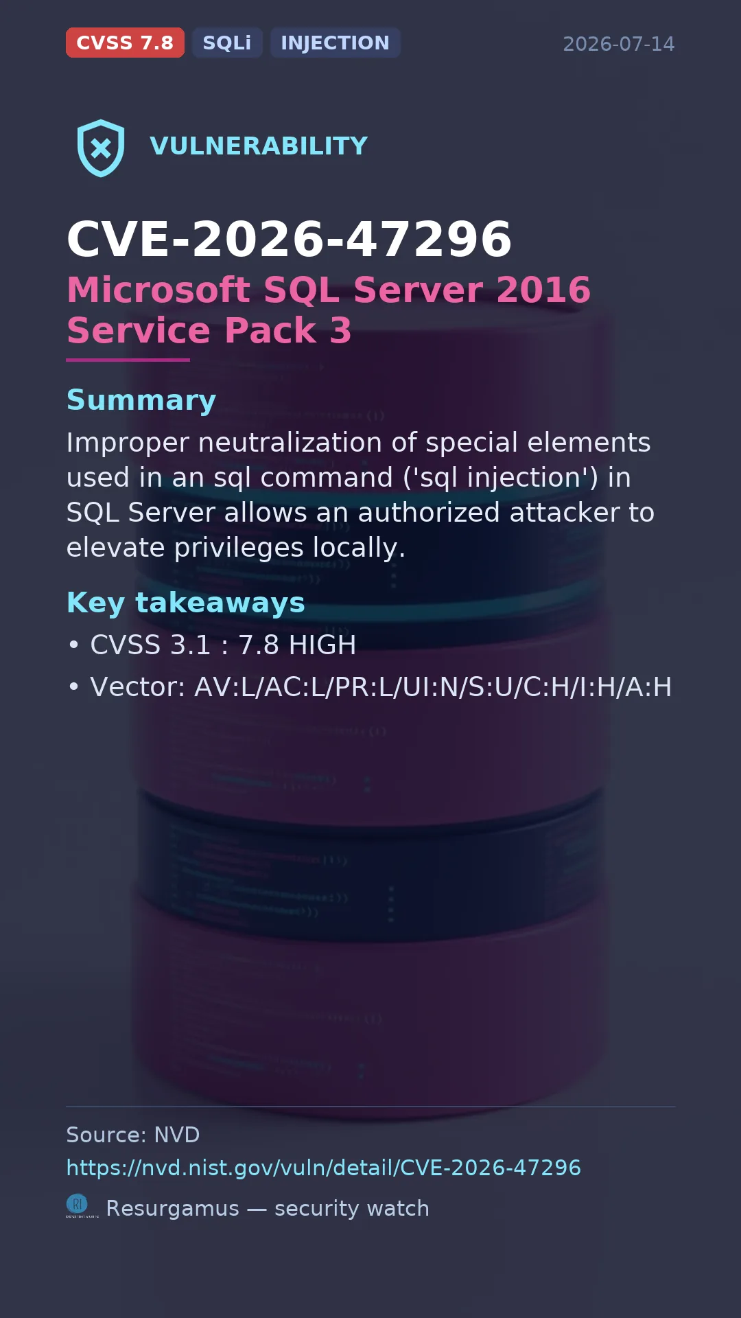 CVE-2026-47296 Microsoft SQL Server 2016 Service Pack 3 Vulnerability