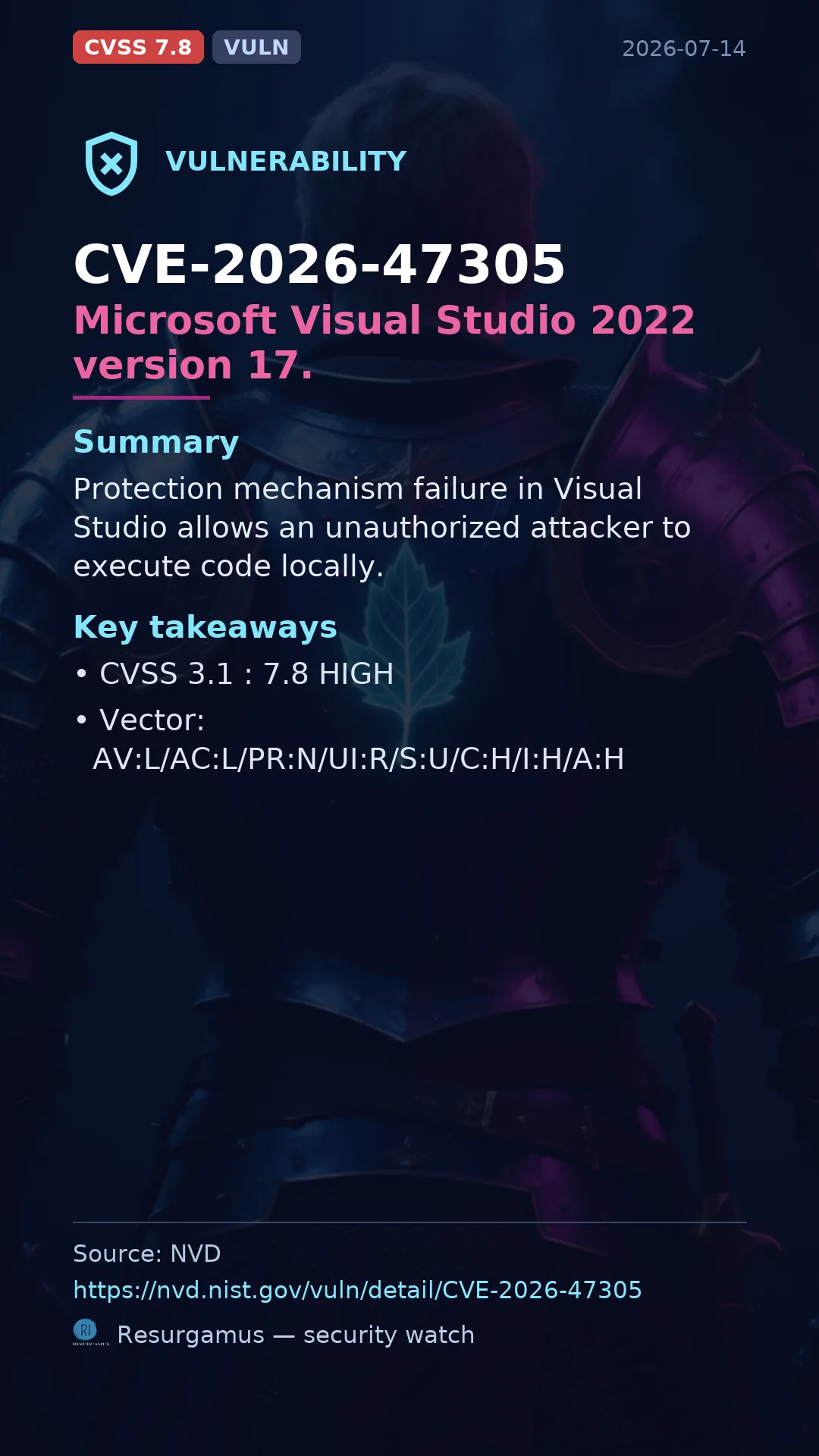 CVE-2026-47305 Microsoft Visual Studio 2022 version 17. Vulnerability