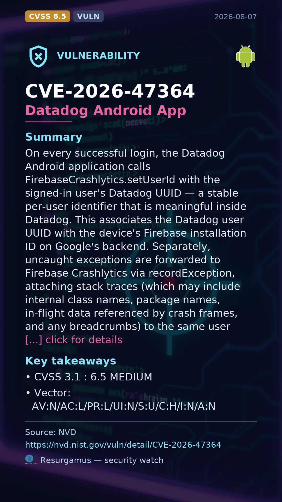 CVE-2026-47364 Datadog Android App Vulnerability