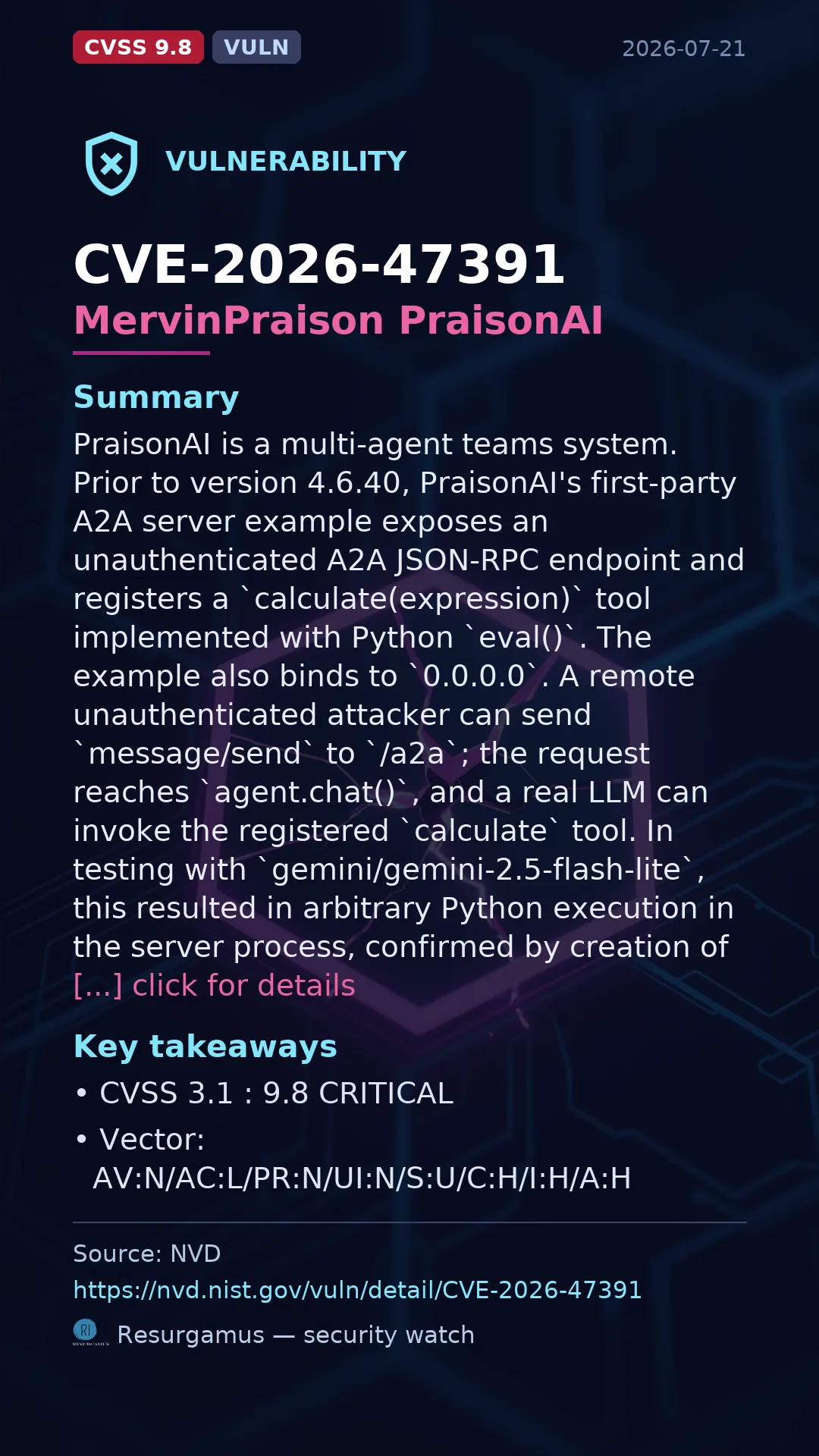 CVE-2026-47391 MervinPraison PraisonAI Vulnerability