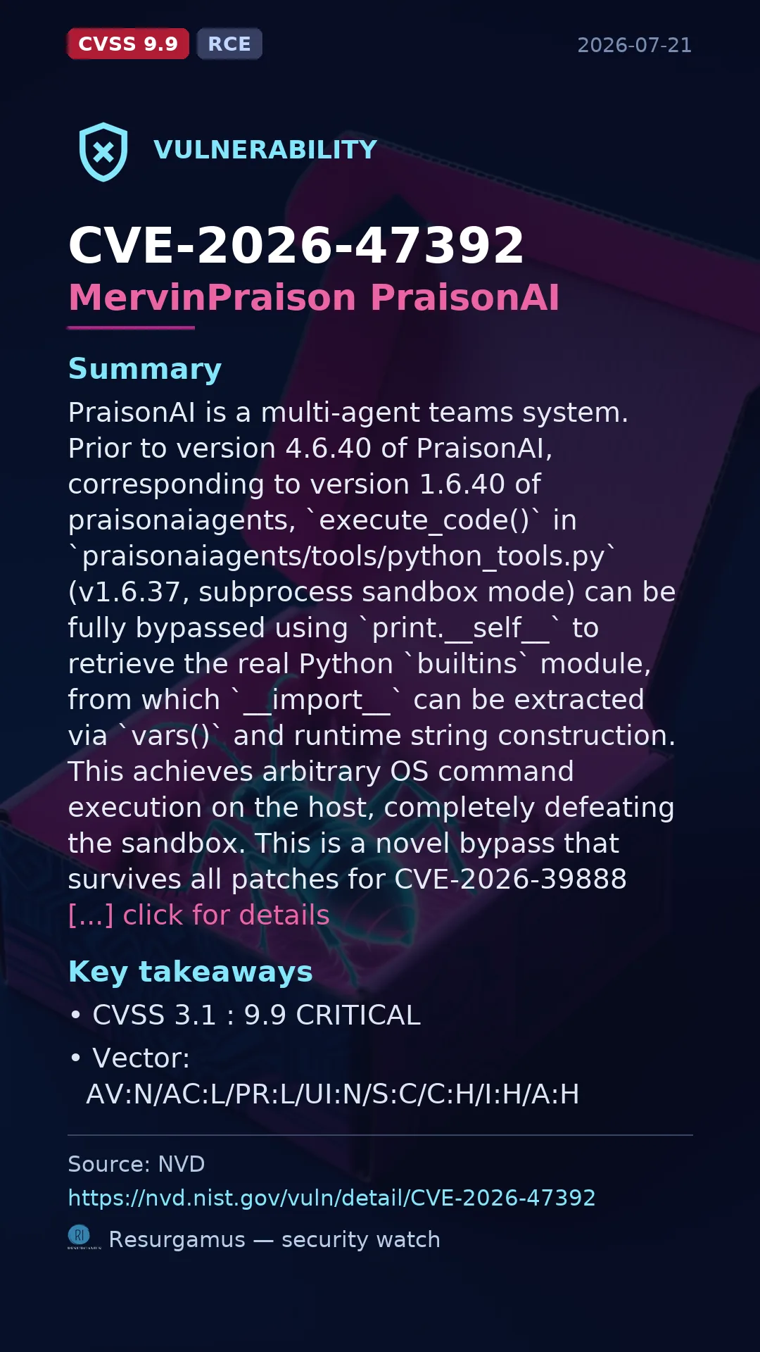 CVE-2026-47392 MervinPraison PraisonAI Vulnerability