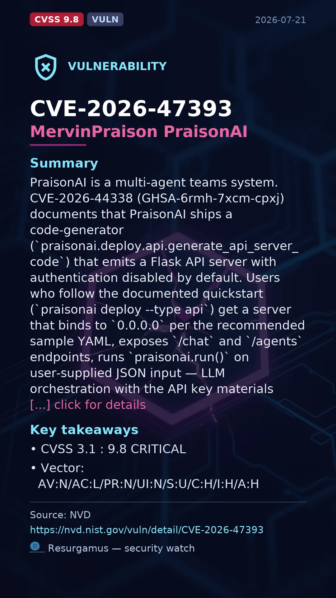 CVE-2026-47393 MervinPraison PraisonAI Vulnerability