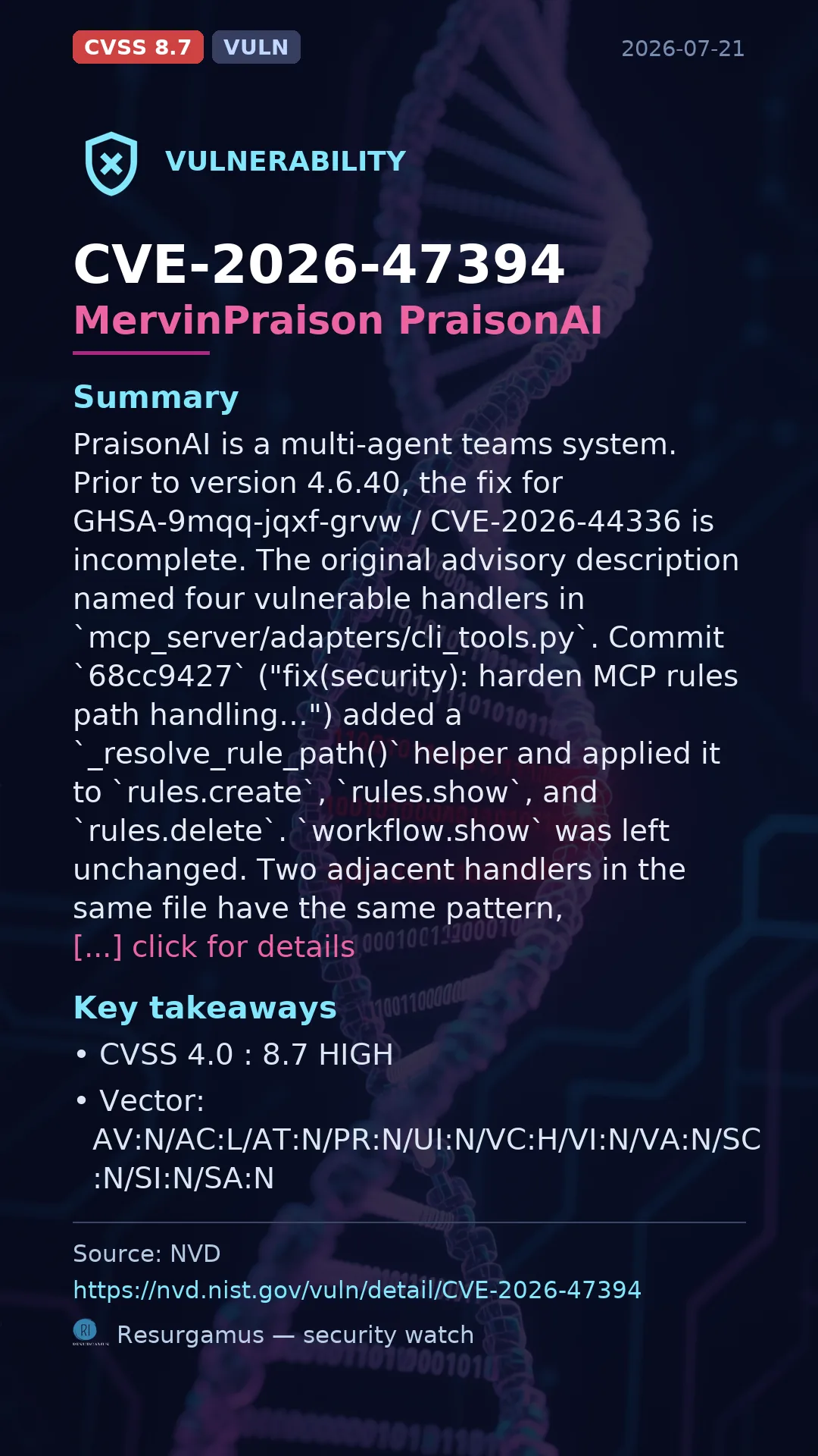 CVE-2026-47394 MervinPraison PraisonAI Vulnerability