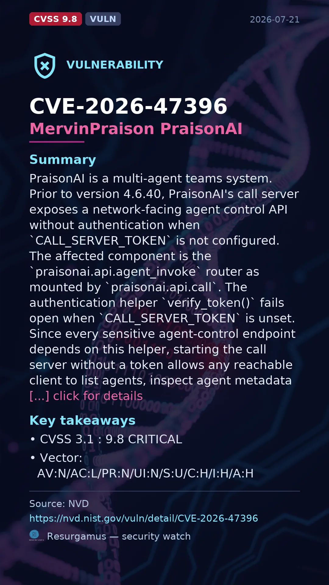 CVE-2026-47396 MervinPraison PraisonAI Vulnerability