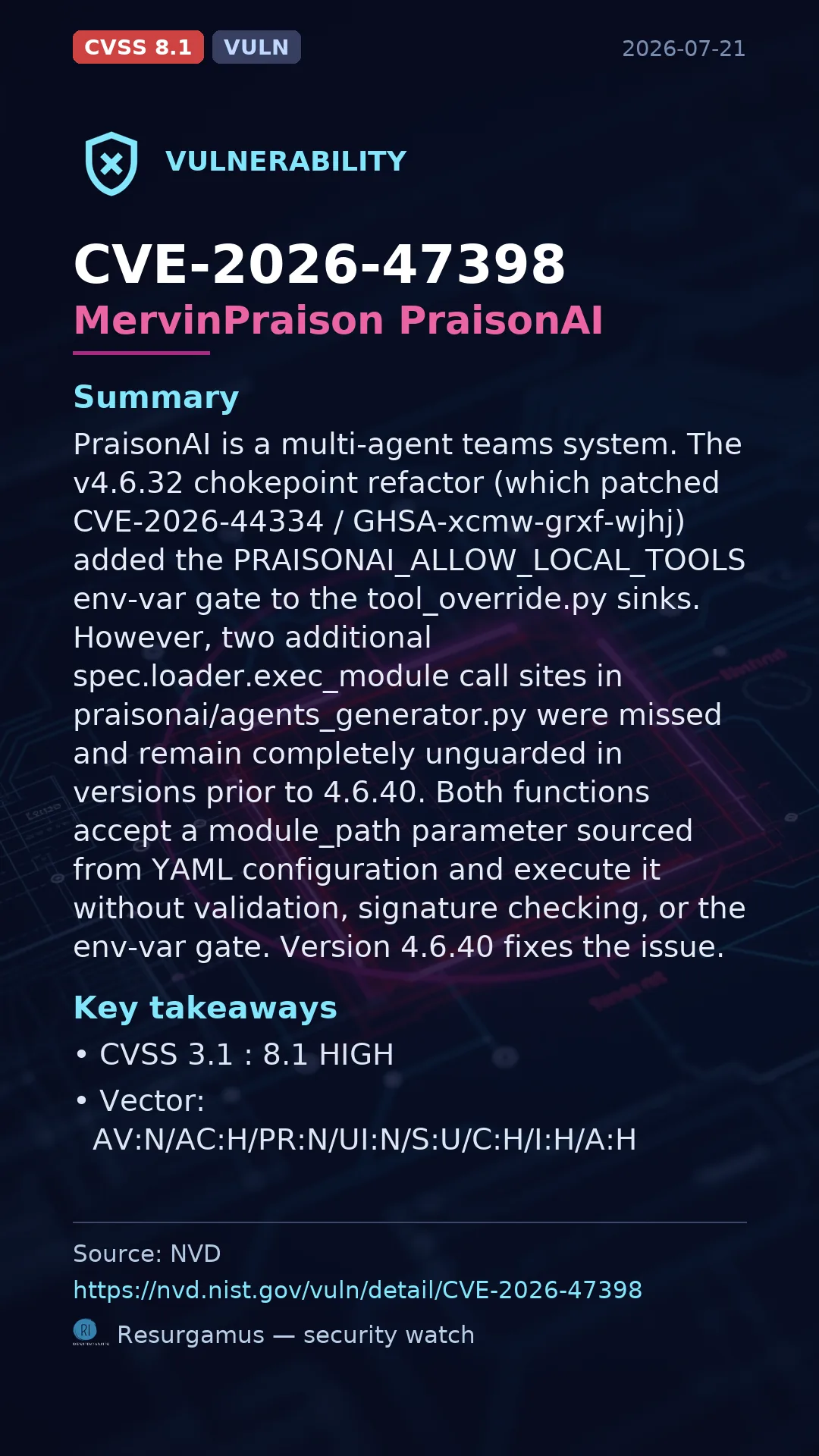 CVE-2026-47398 MervinPraison PraisonAI Vulnerability