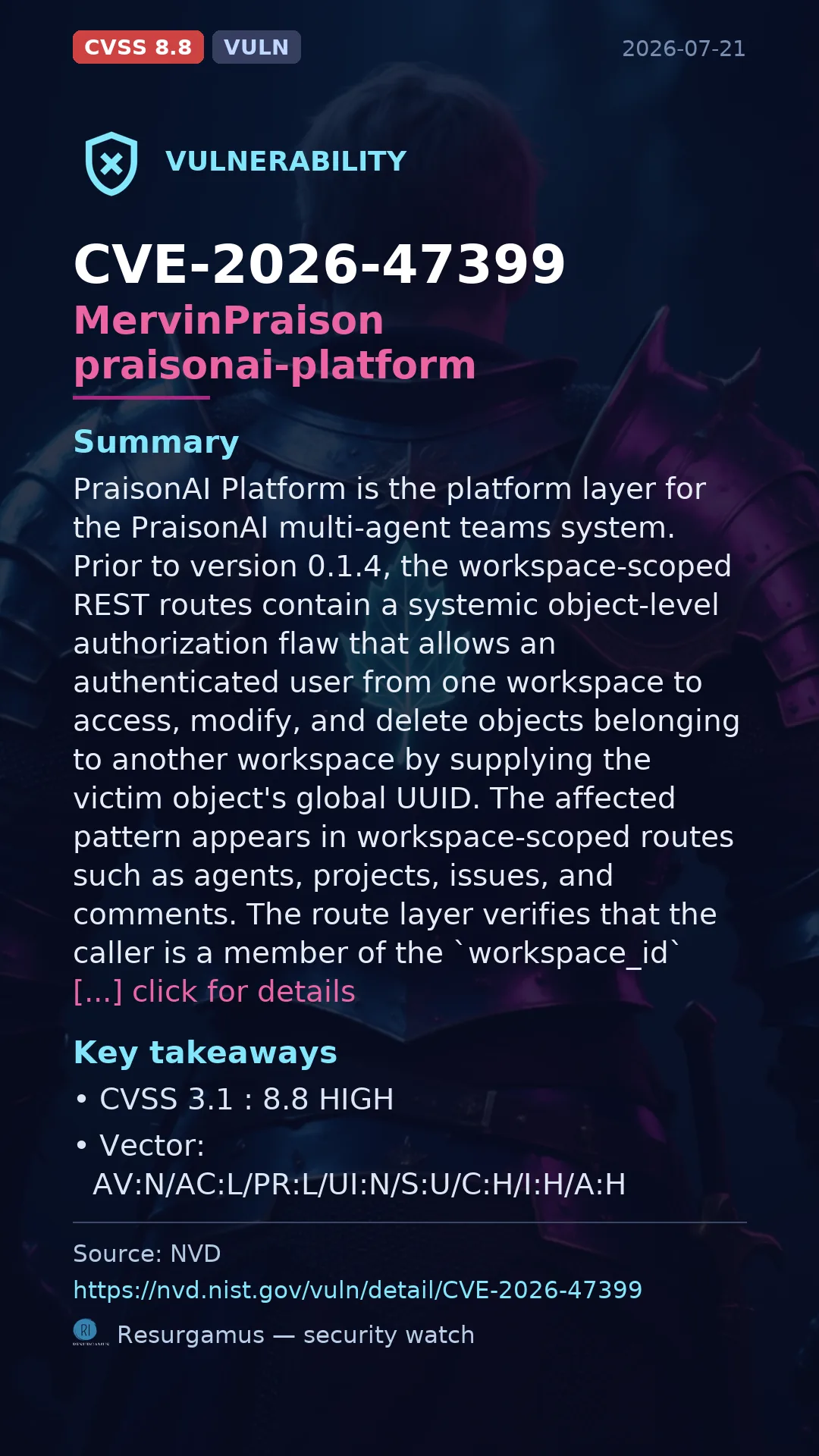 CVE-2026-47399 MervinPraison praisonai-platform Vulnerability