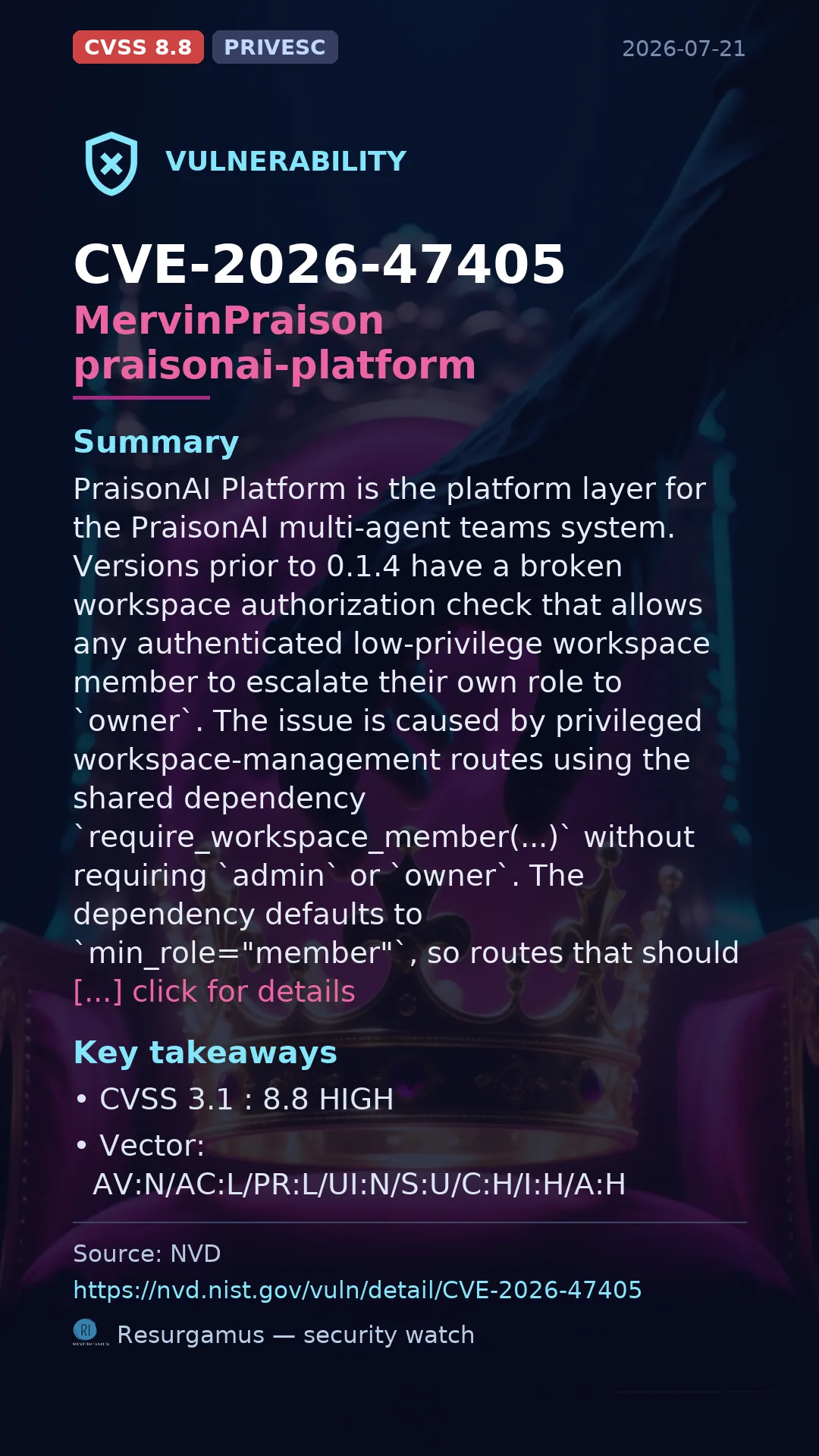 CVE-2026-47405 MervinPraison praisonai-platform Vulnerability