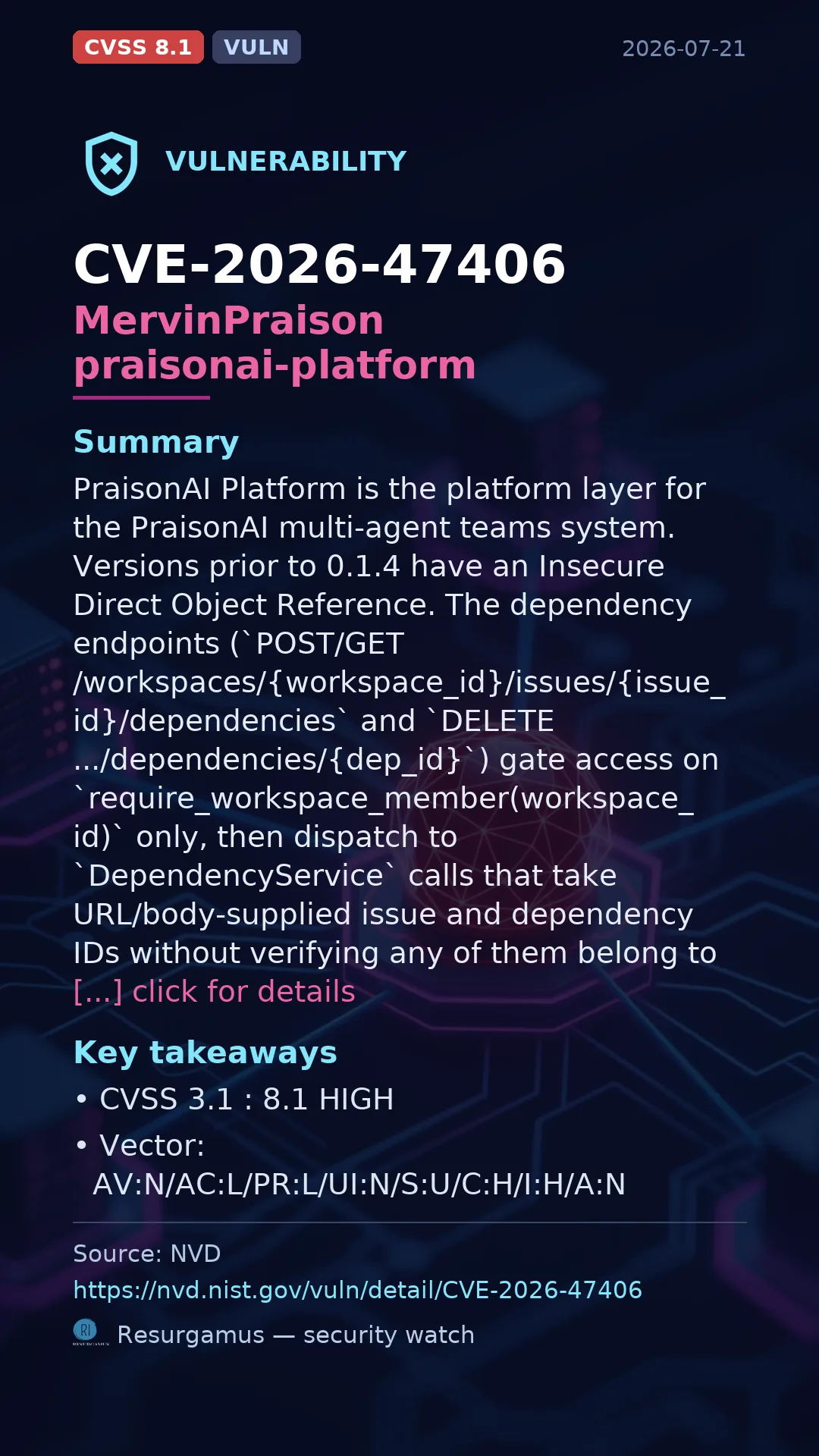 CVE-2026-47406 MervinPraison praisonai-platform Vulnerability