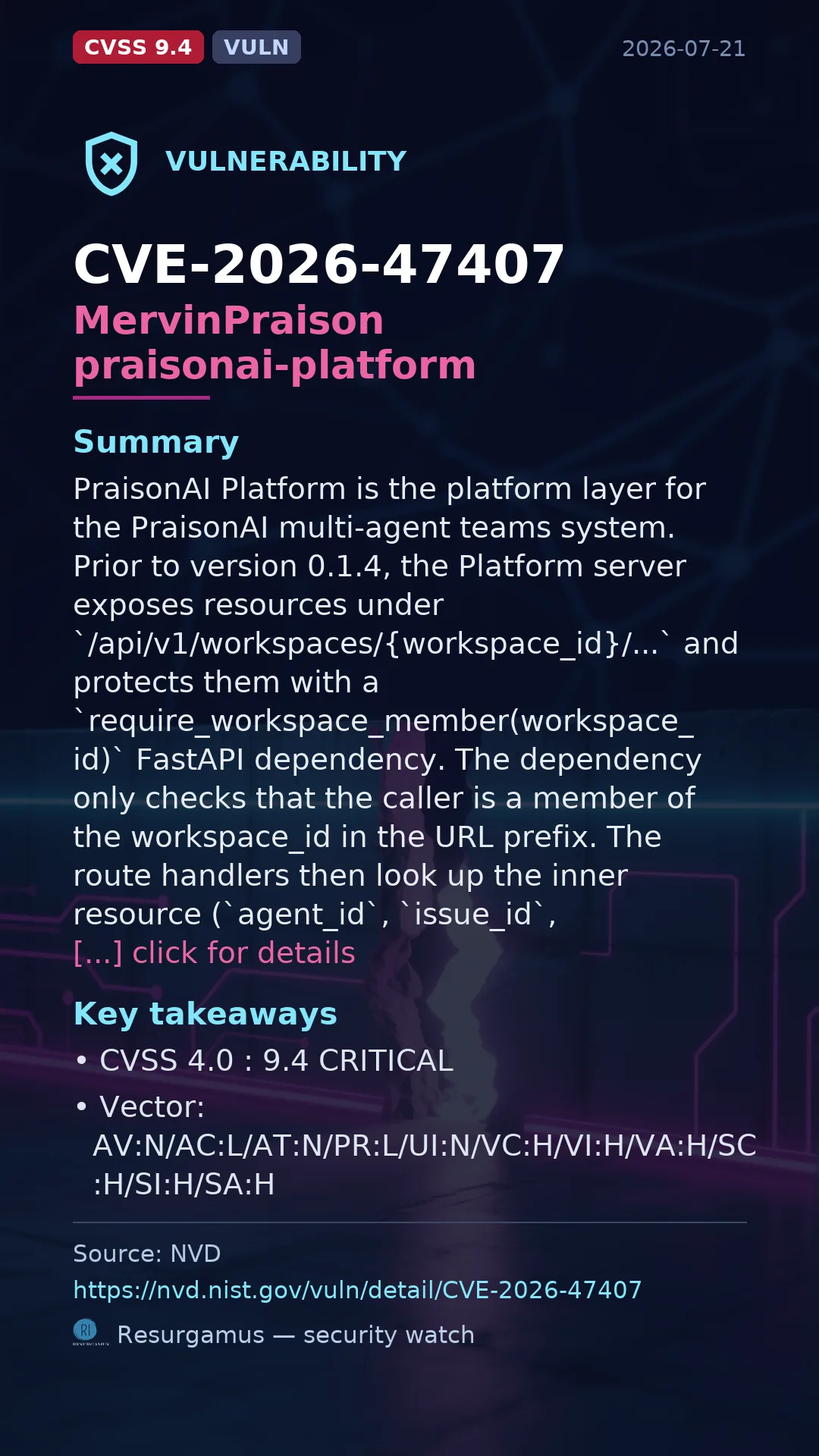 CVE-2026-47407 MervinPraison praisonai-platform Vulnerability