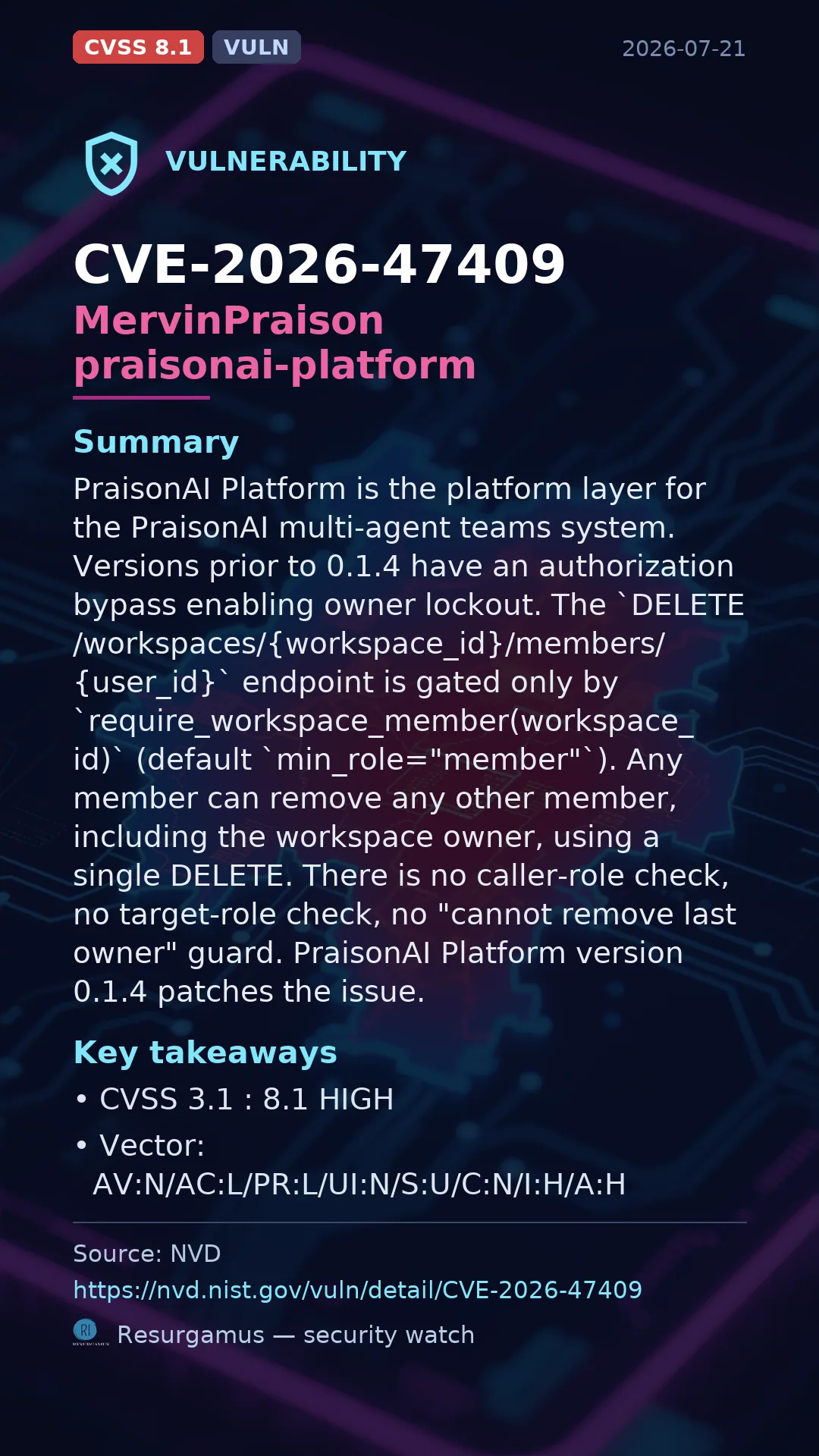 CVE-2026-47409 MervinPraison praisonai-platform Vulnerability