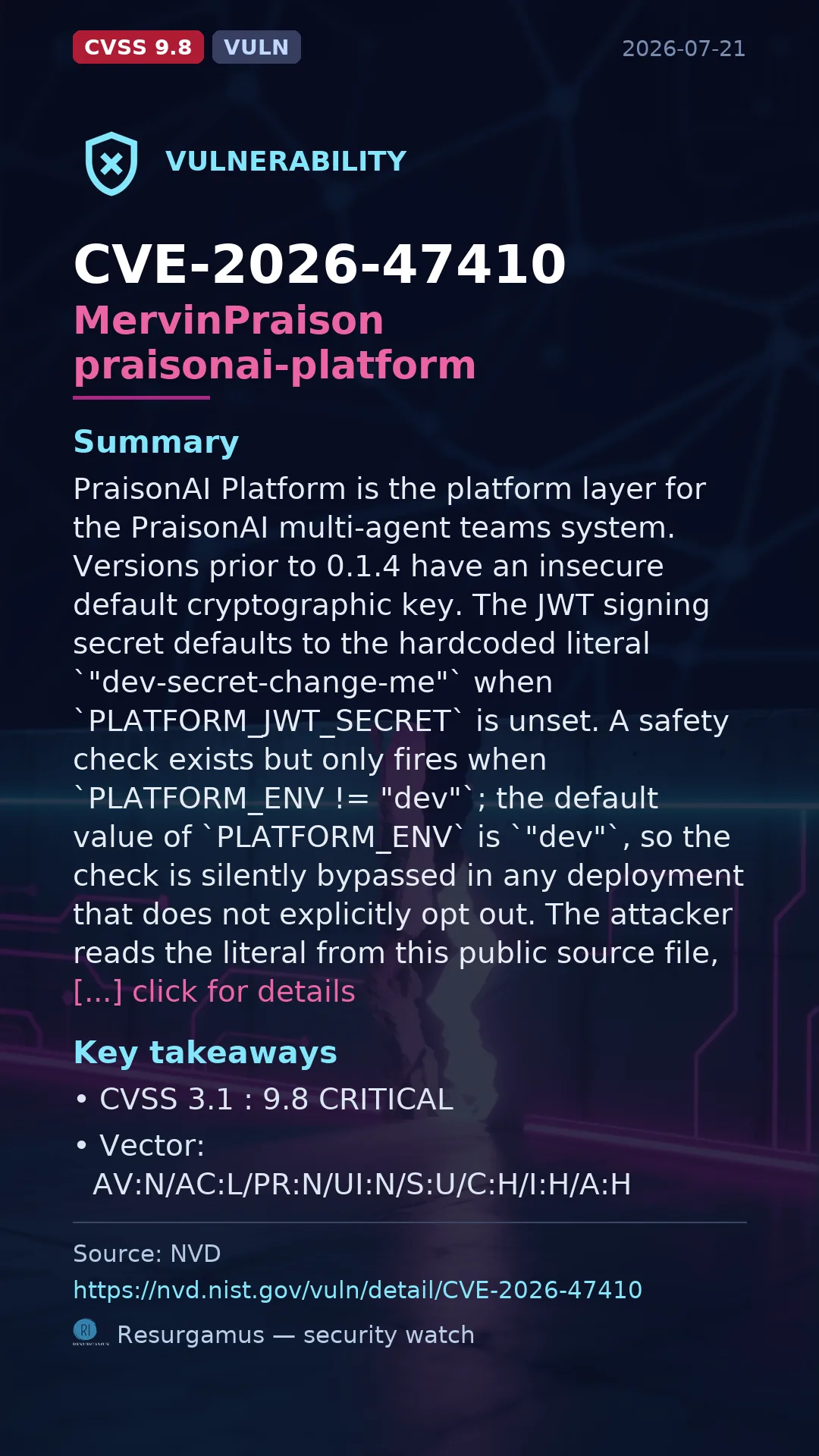 CVE-2026-47410 MervinPraison praisonai-platform Vulnerability