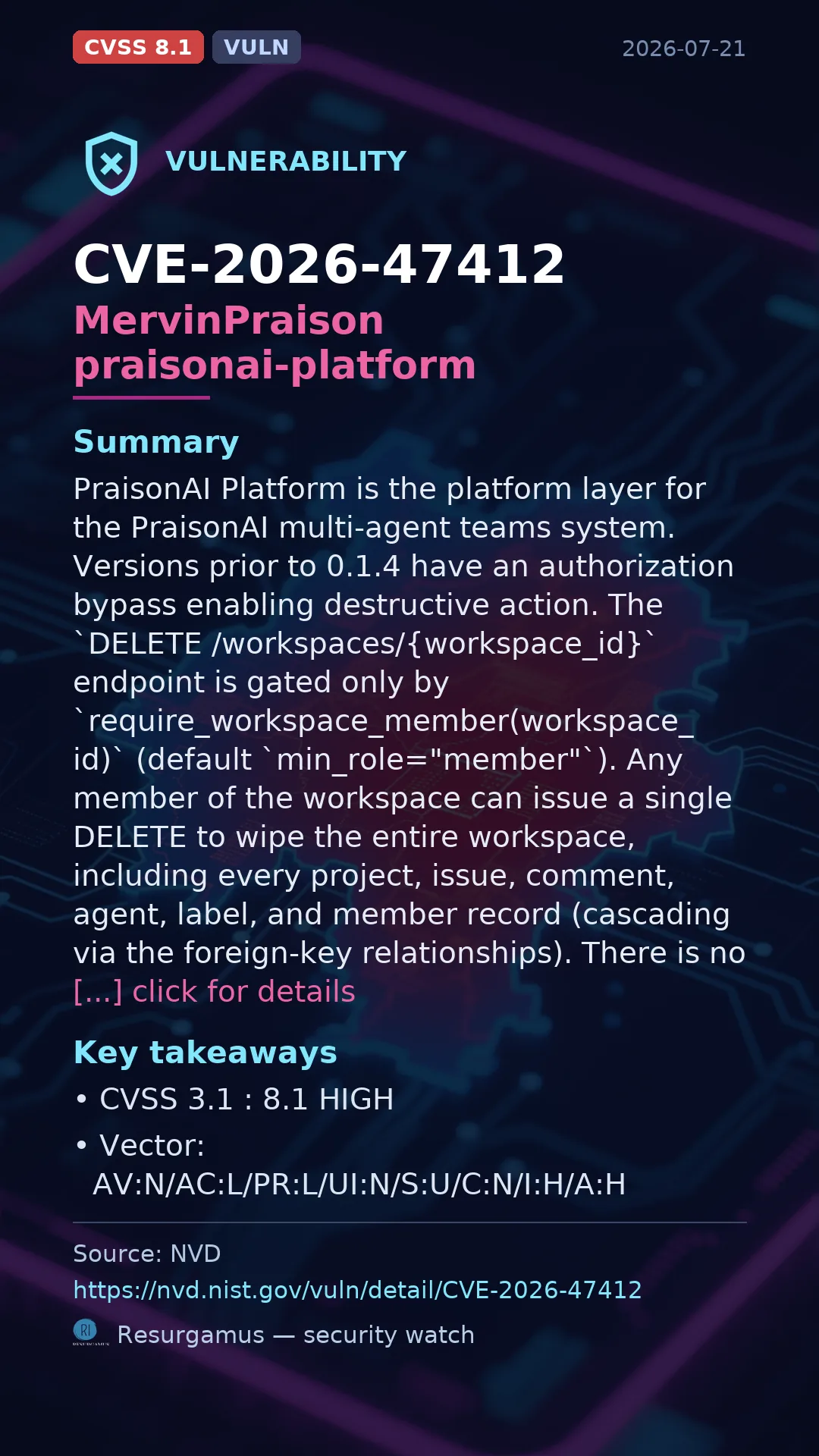 CVE-2026-47412 MervinPraison praisonai-platform Vulnerability