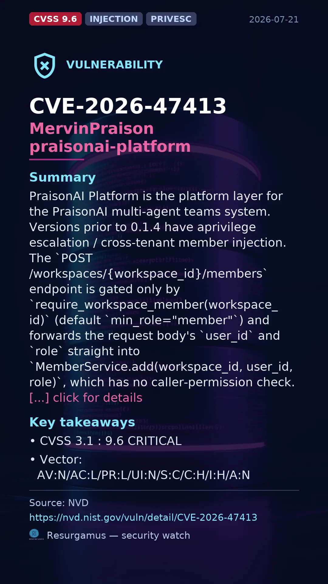 CVE-2026-47413 MervinPraison praisonai-platform Vulnerability
