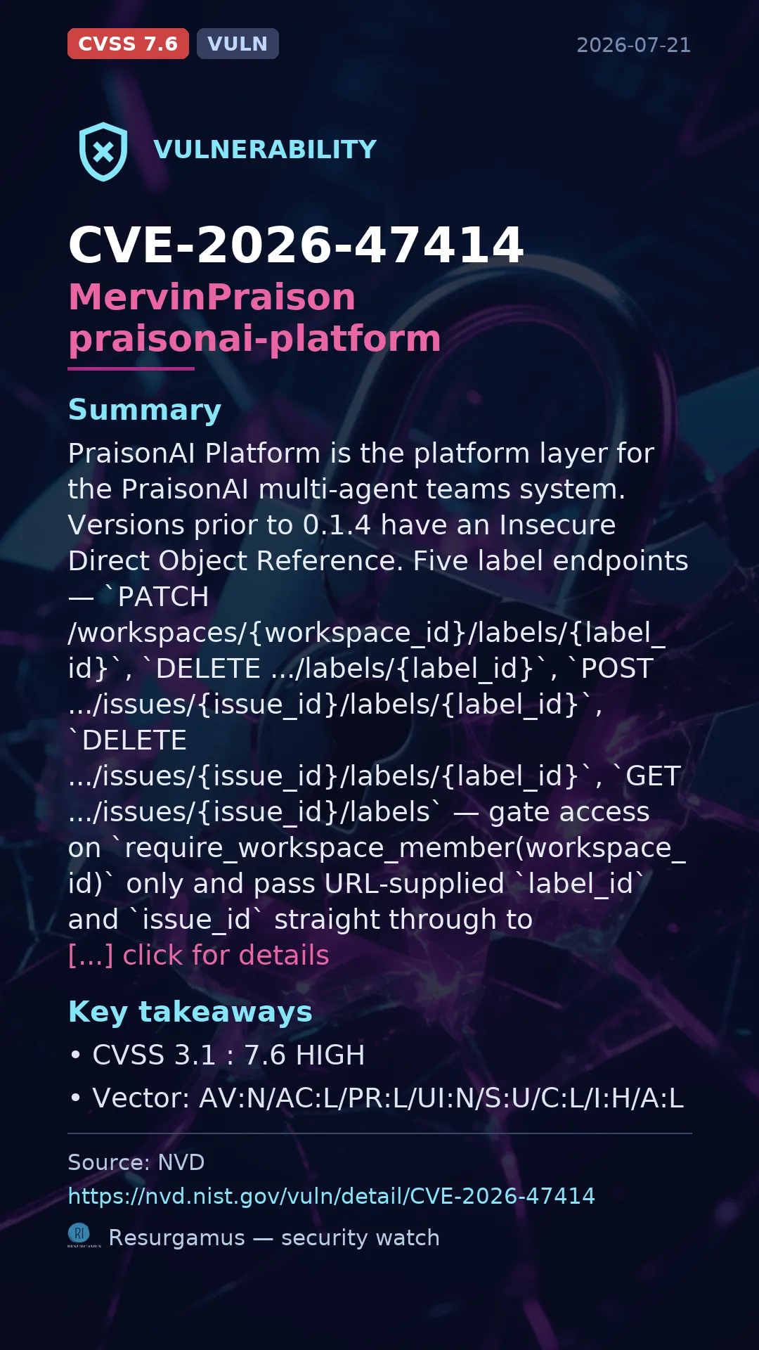 CVE-2026-47414 MervinPraison praisonai-platform Vulnerability