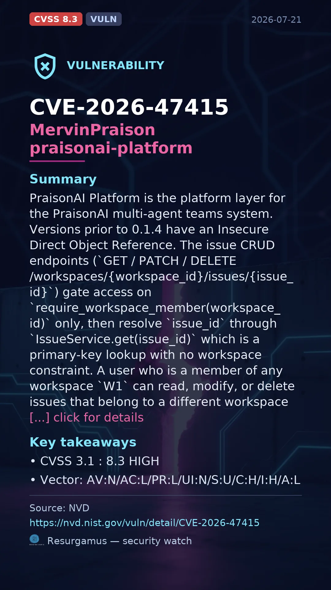 CVE-2026-47415 MervinPraison praisonai-platform Vulnerability