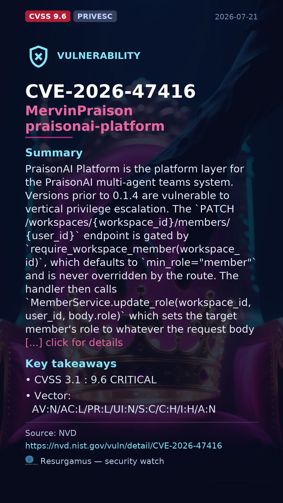 CVE-2026-47416 MervinPraison praisonai-platform Vulnerability